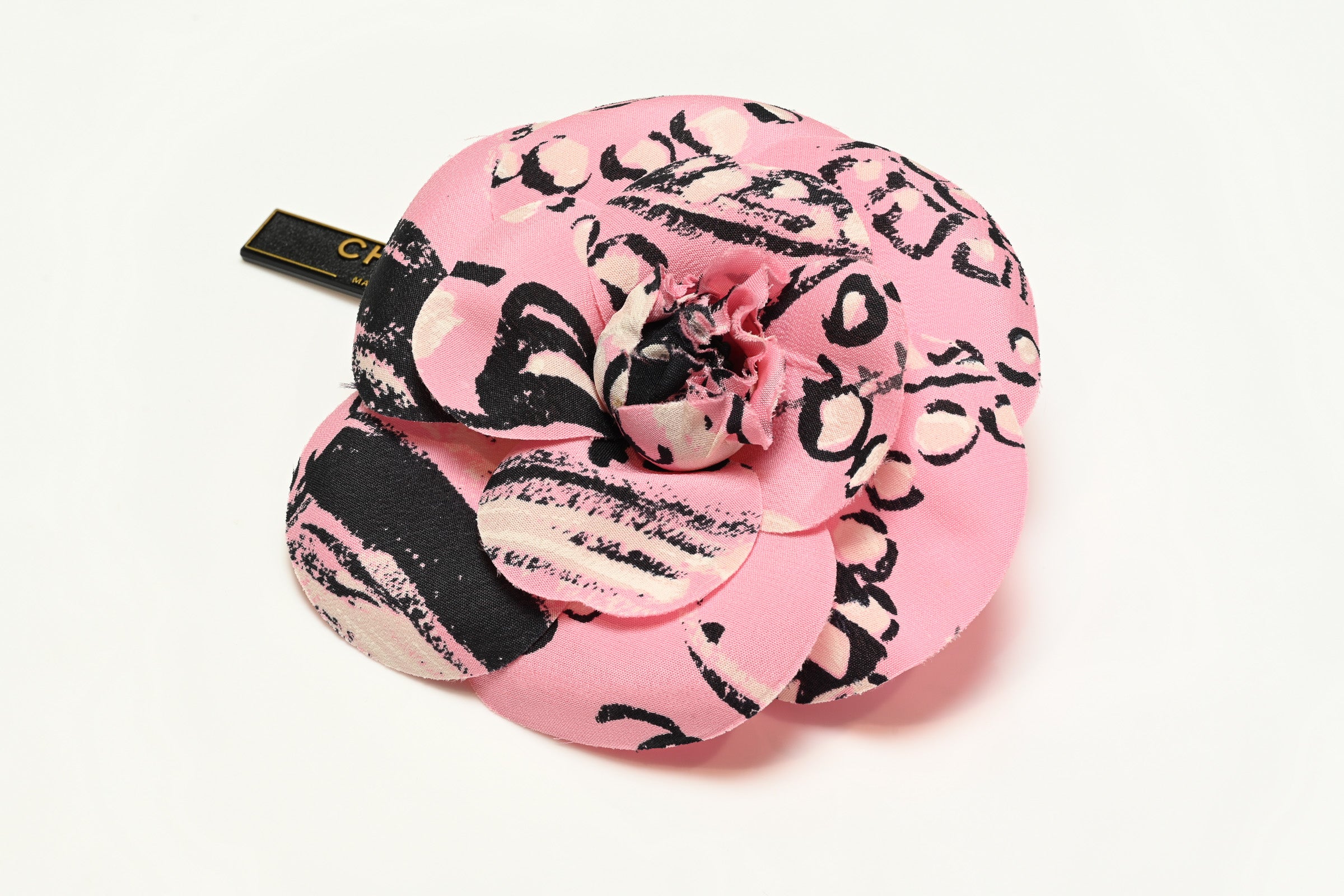 Vintage Chanel Paris Spring 1993 Pink Black Silk Camellia Brooch