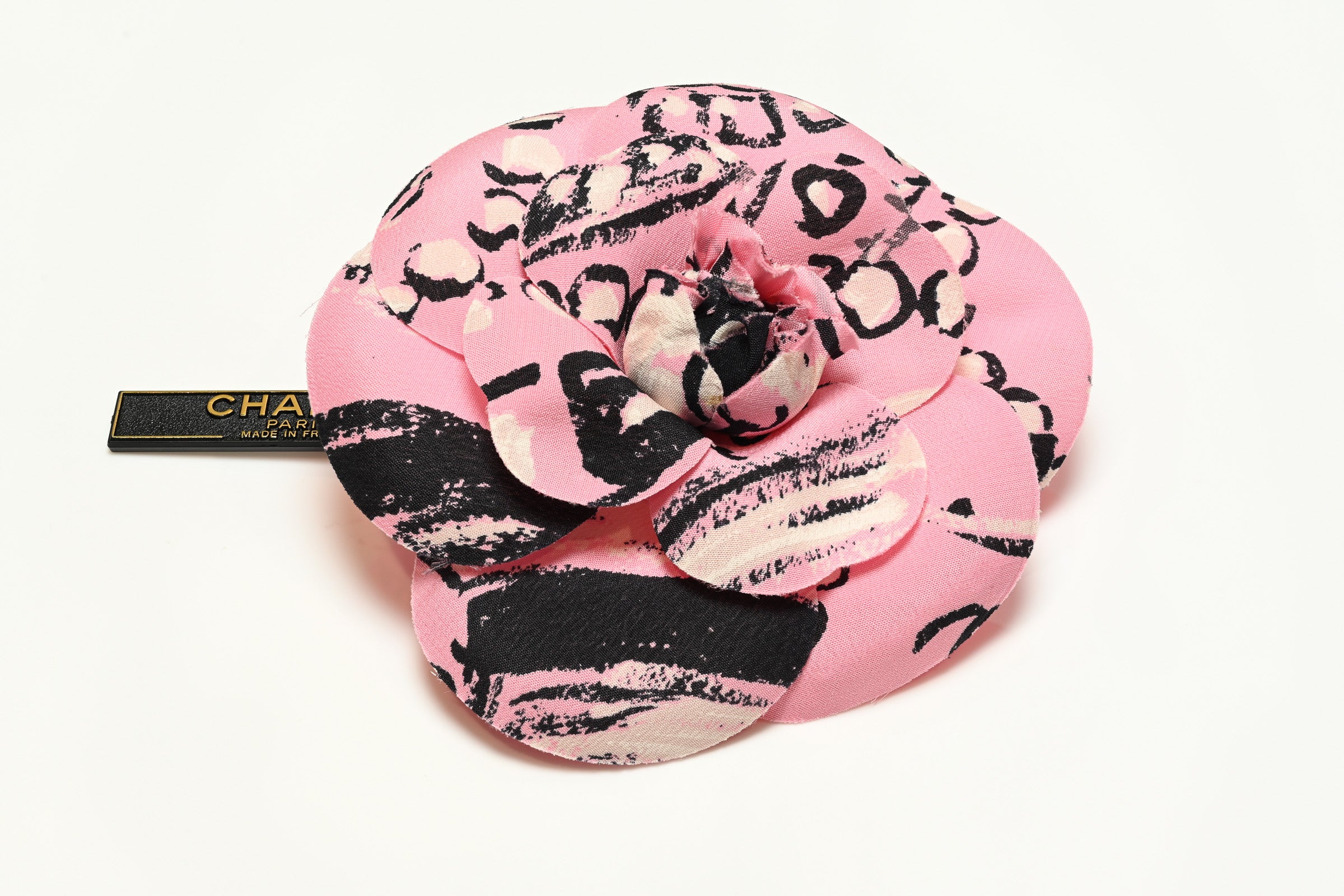 Vintage Chanel Paris Spring 1993 Pink Black Silk Camellia Brooch 1