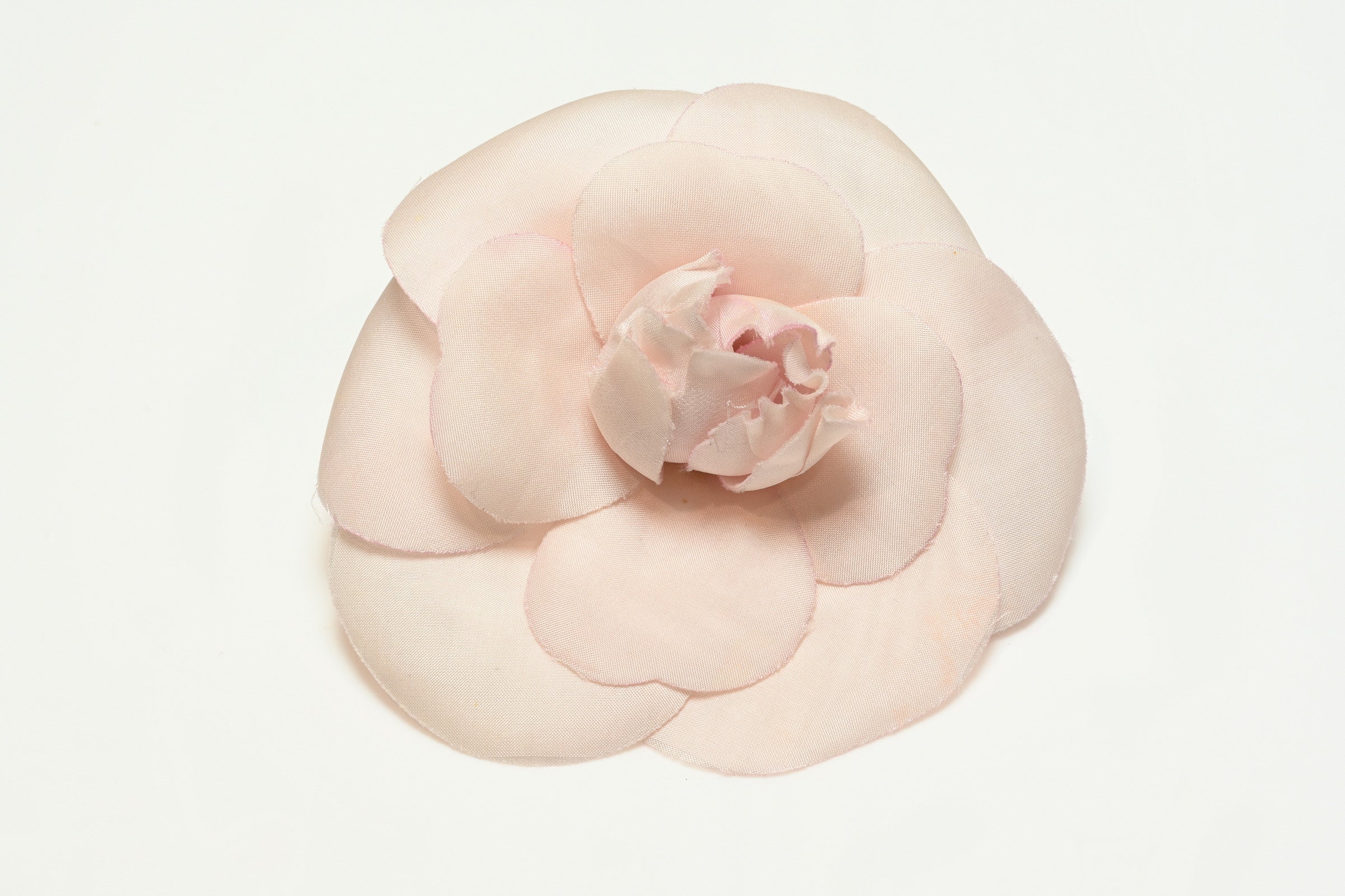 Vintage 1990's Chanel Paris Light Pink Silk Camellia Brooch 1