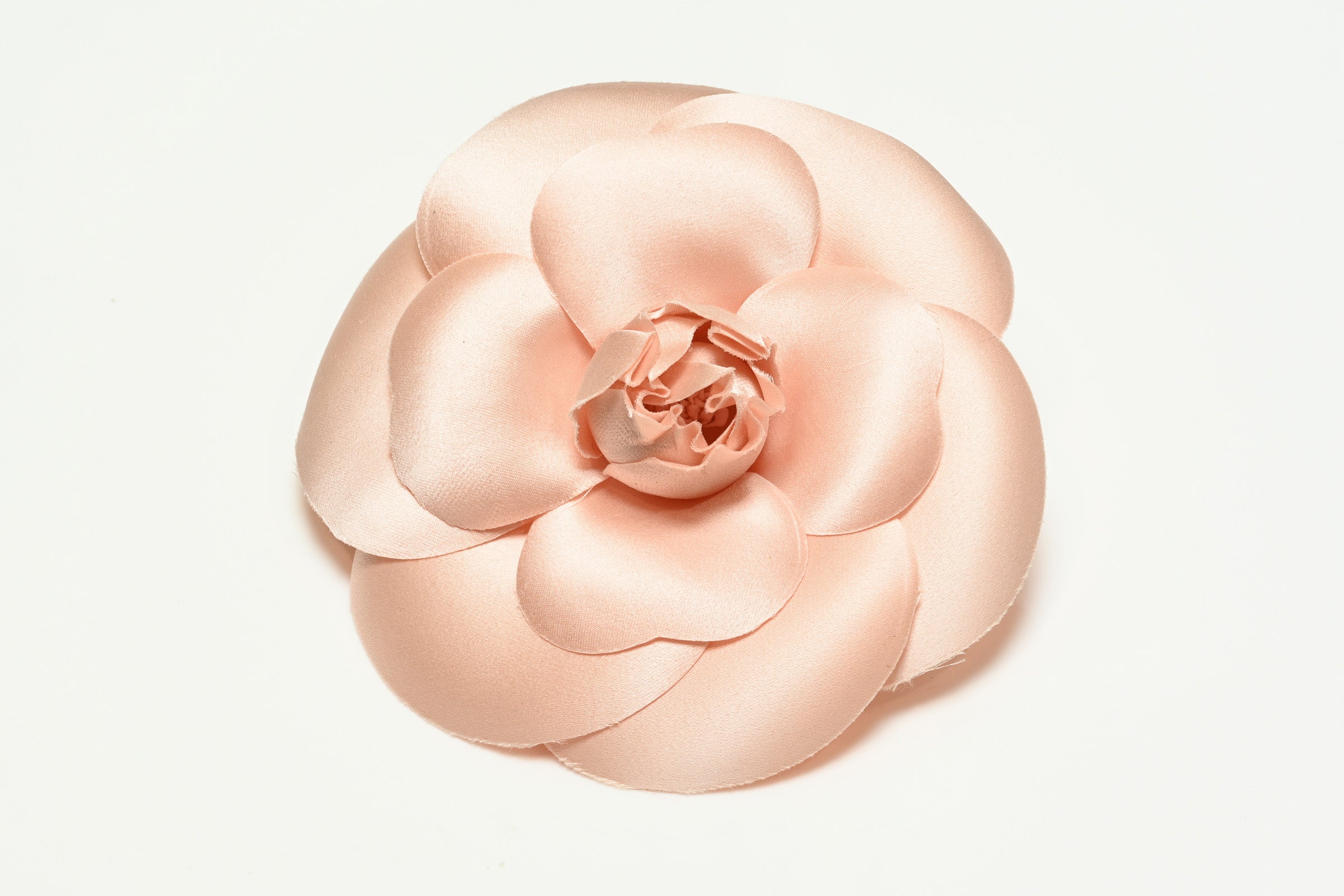 Vintage 1990's Chanel Paris Pink Silk Large Camellia Brooch