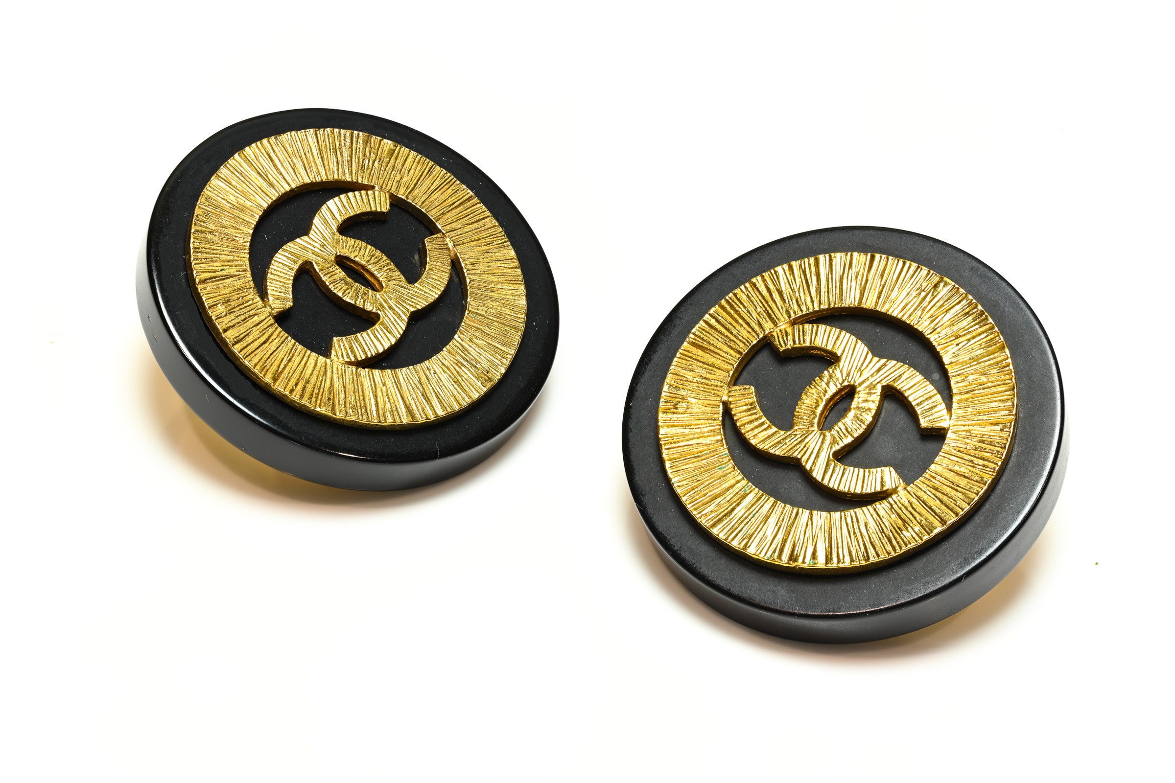 Vintage 1990's Chanel Paris Black Gold Plated CC Starburst Round Earrings
