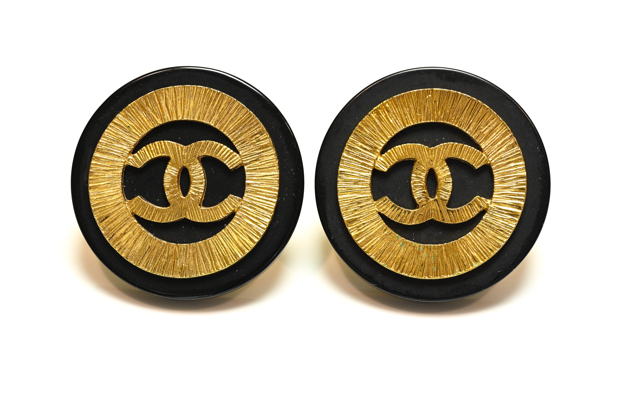 Vintage 1990's Chanel Paris Black Gold Plated CC Starburst Round Earrings