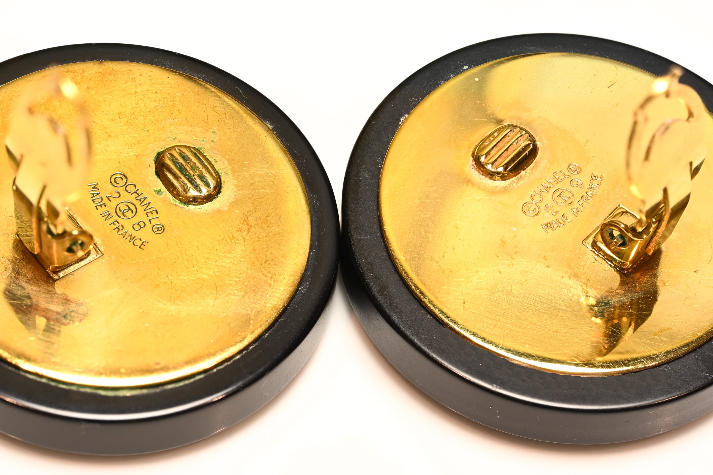 Vintage 1990's Chanel Paris Black Gold Plated CC Starburst Round Earrings
