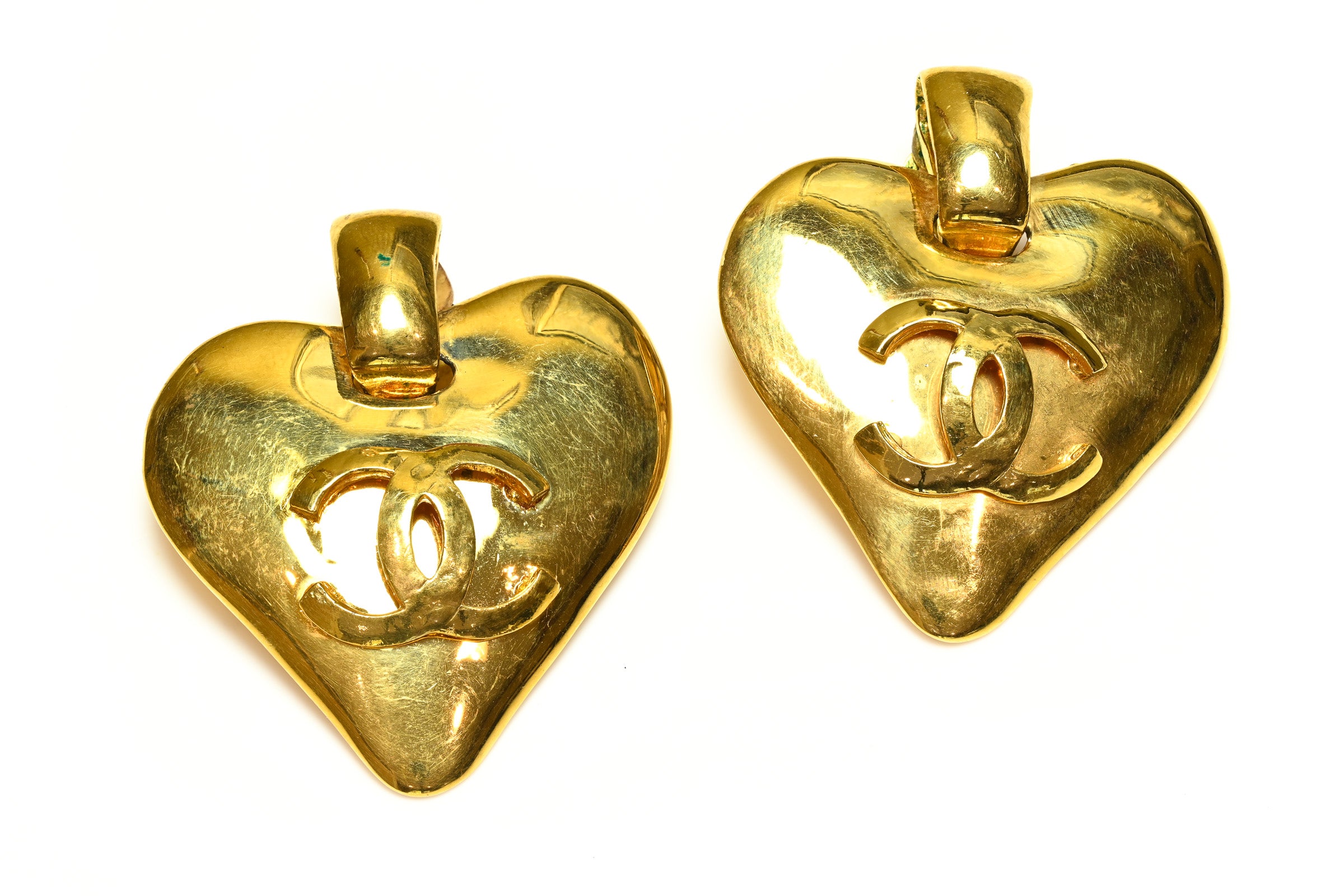 Vintage Chanel Paris Spring 1993 CC Gold Plated Heart Earrings