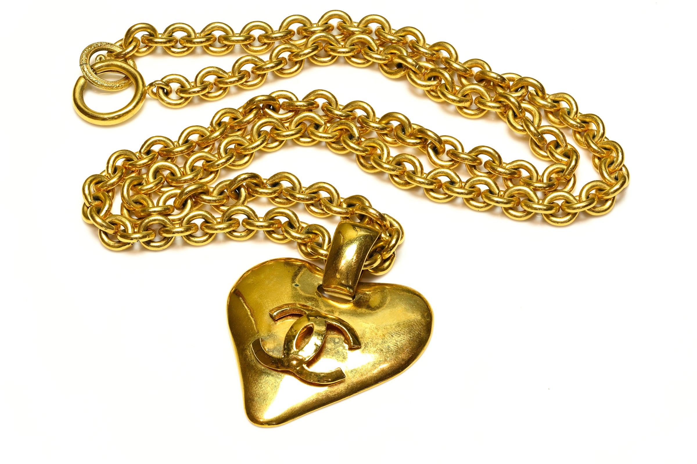 Vintage Chanel Paris Spring 1993 Gold Plated CC Heart Pendant Necklace