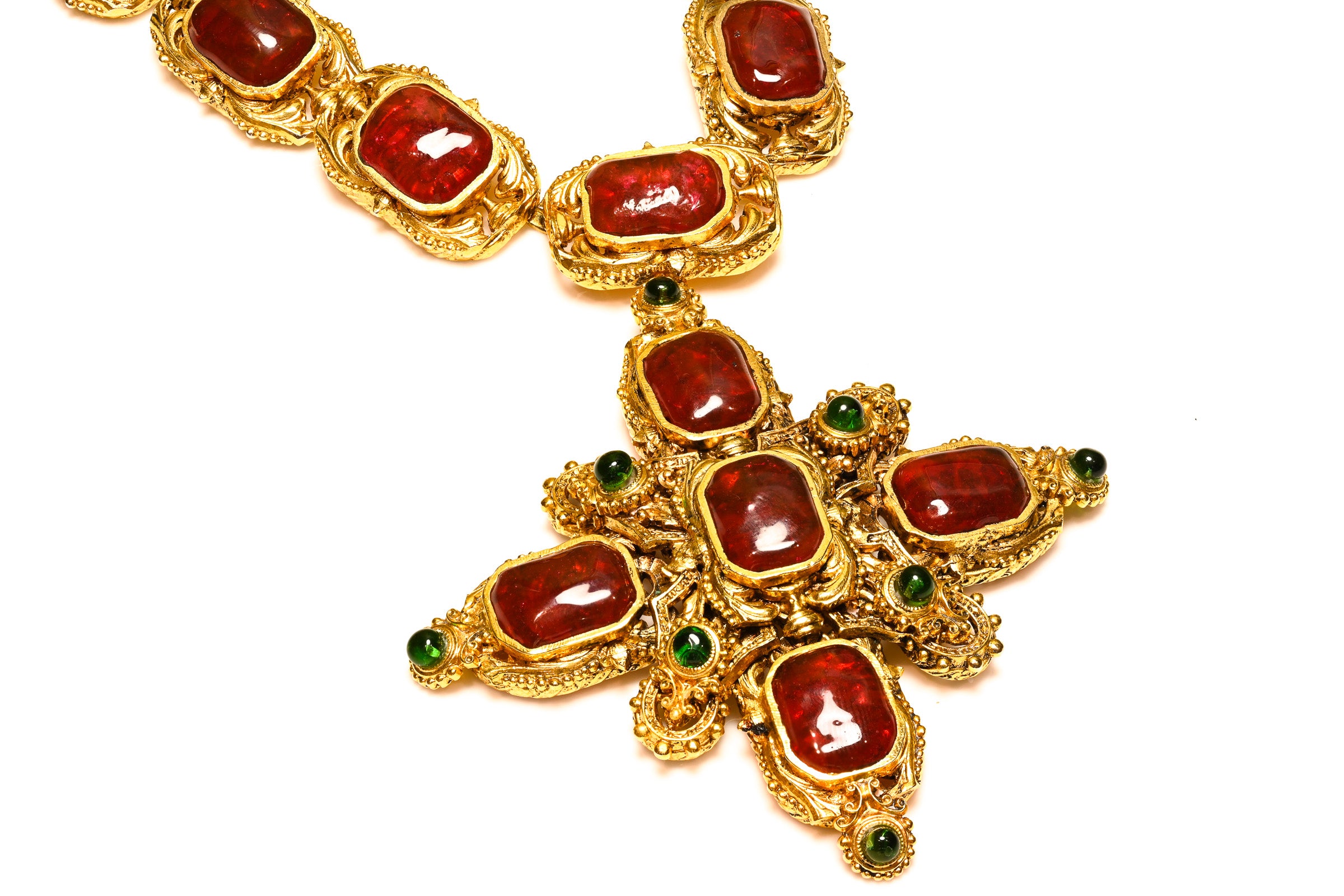 Chanel Paris Couture Maison Gripoix Red Green Glass Cross Necklace