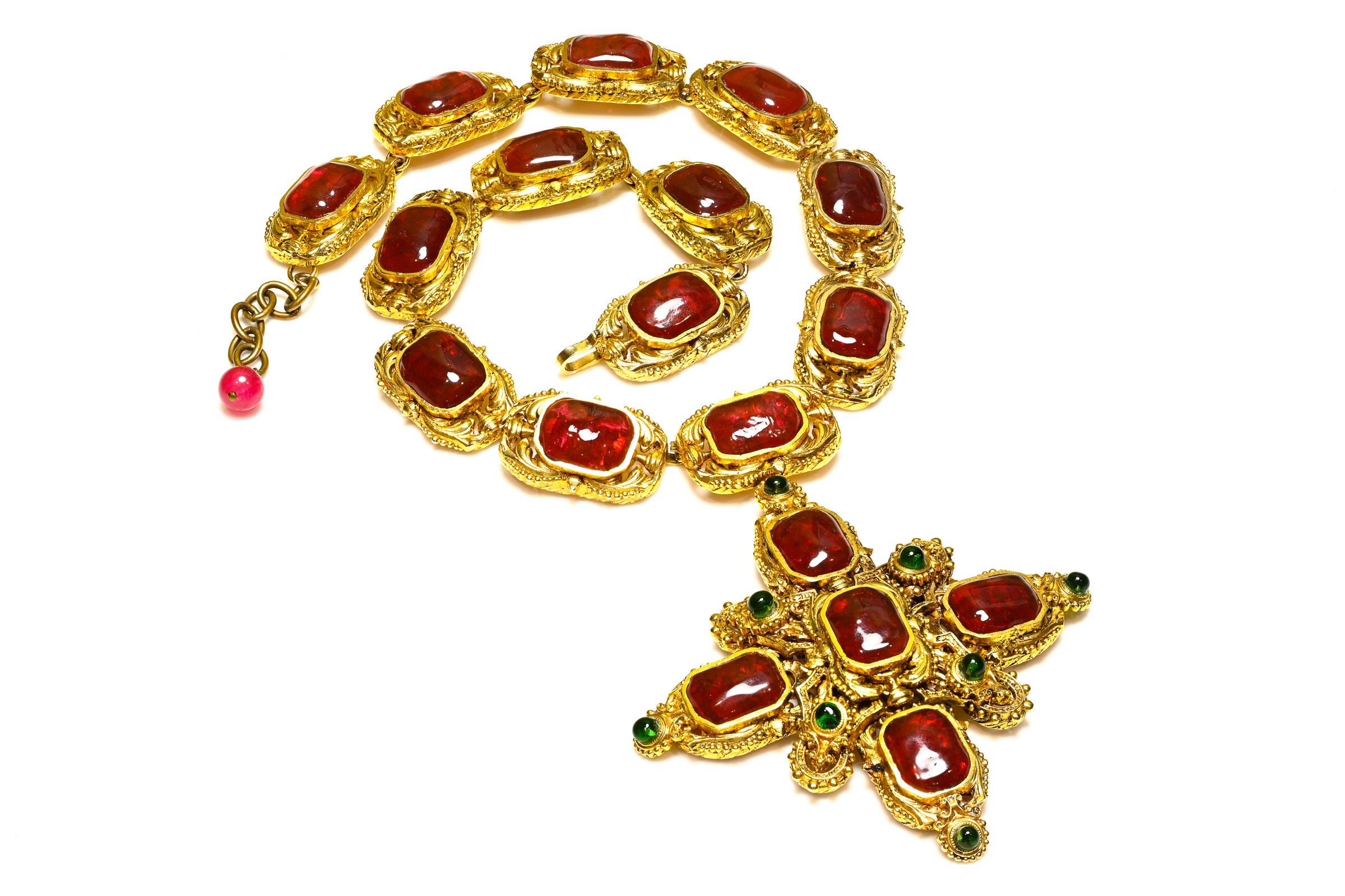 Vintage Chanel Paris Couture Maison Gripoix Red Green Glass Cross Necklace