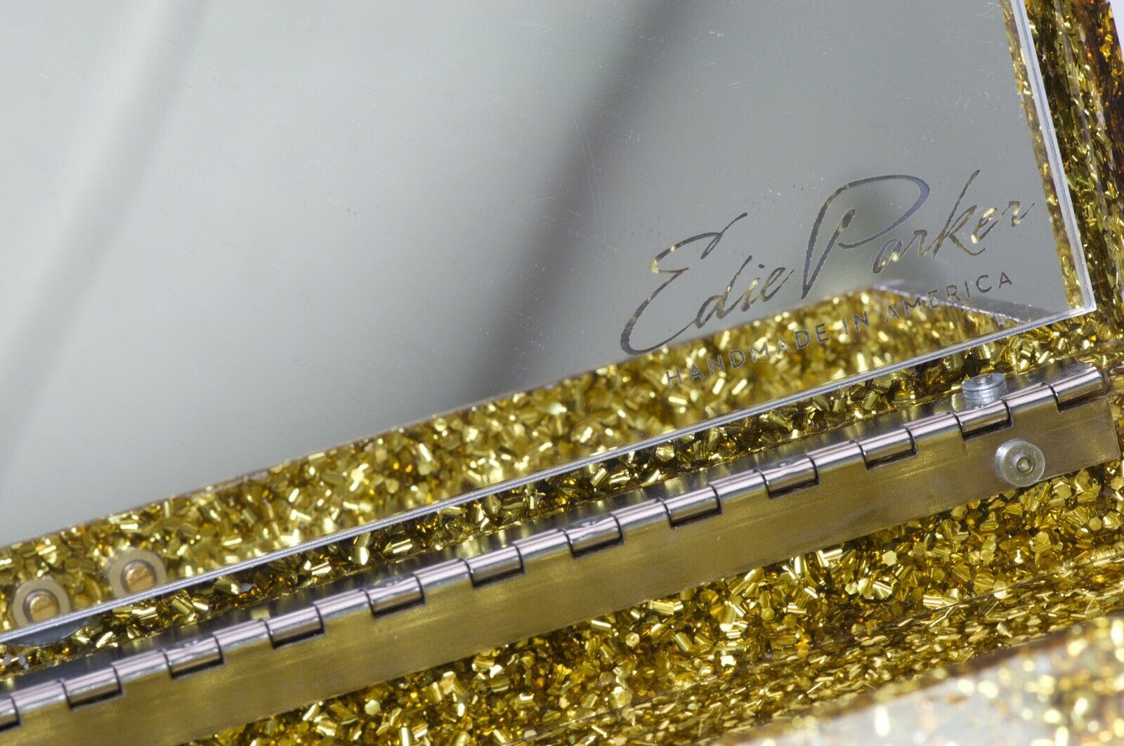 Edie Parker “PLAYER” Flavia Acrylic Gold Confetti Clutch Bag