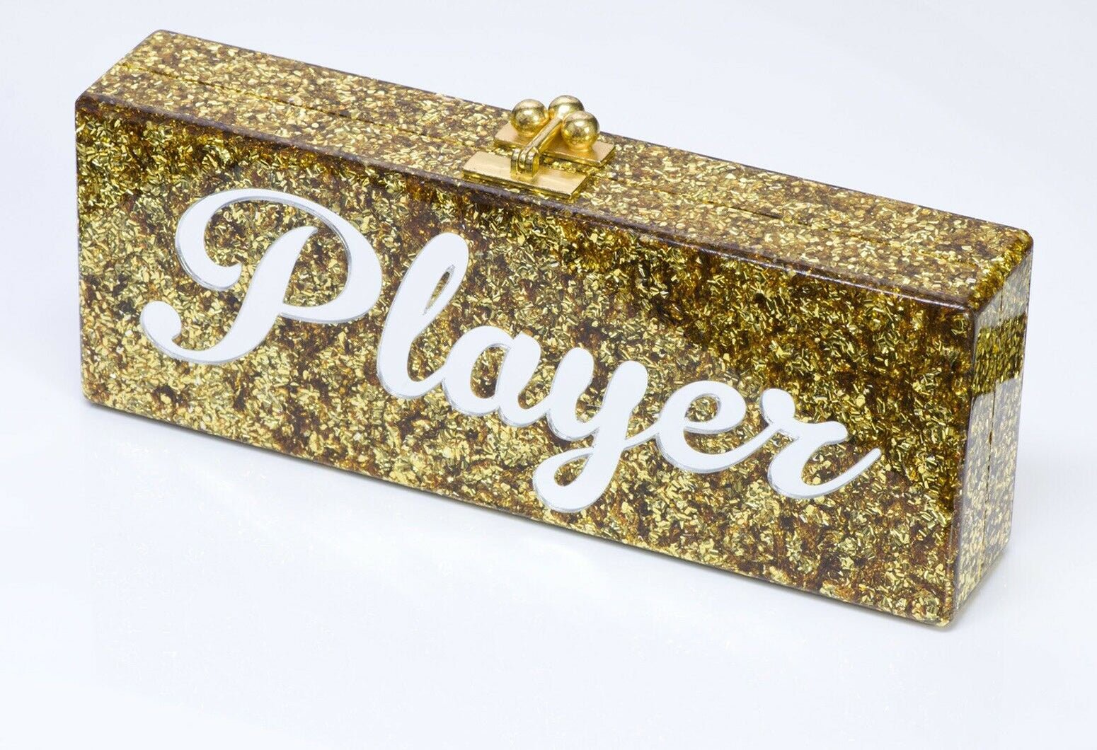 Edie Parker “PLAYER” Flavia Acrylic Gold Confetti Clutch Bag