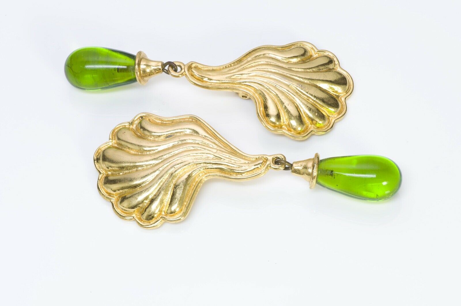 Edouard Rambaud Paris 1980’s Green Glass Shell Long Earrings