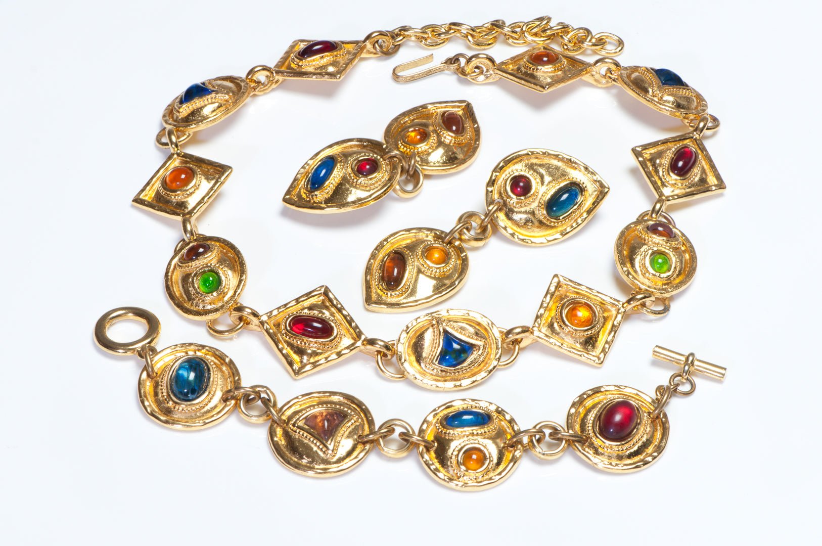 Edouard Rambaud Paris Blue Red Yellow Cabochon Necklace Earrings Bracelet Set