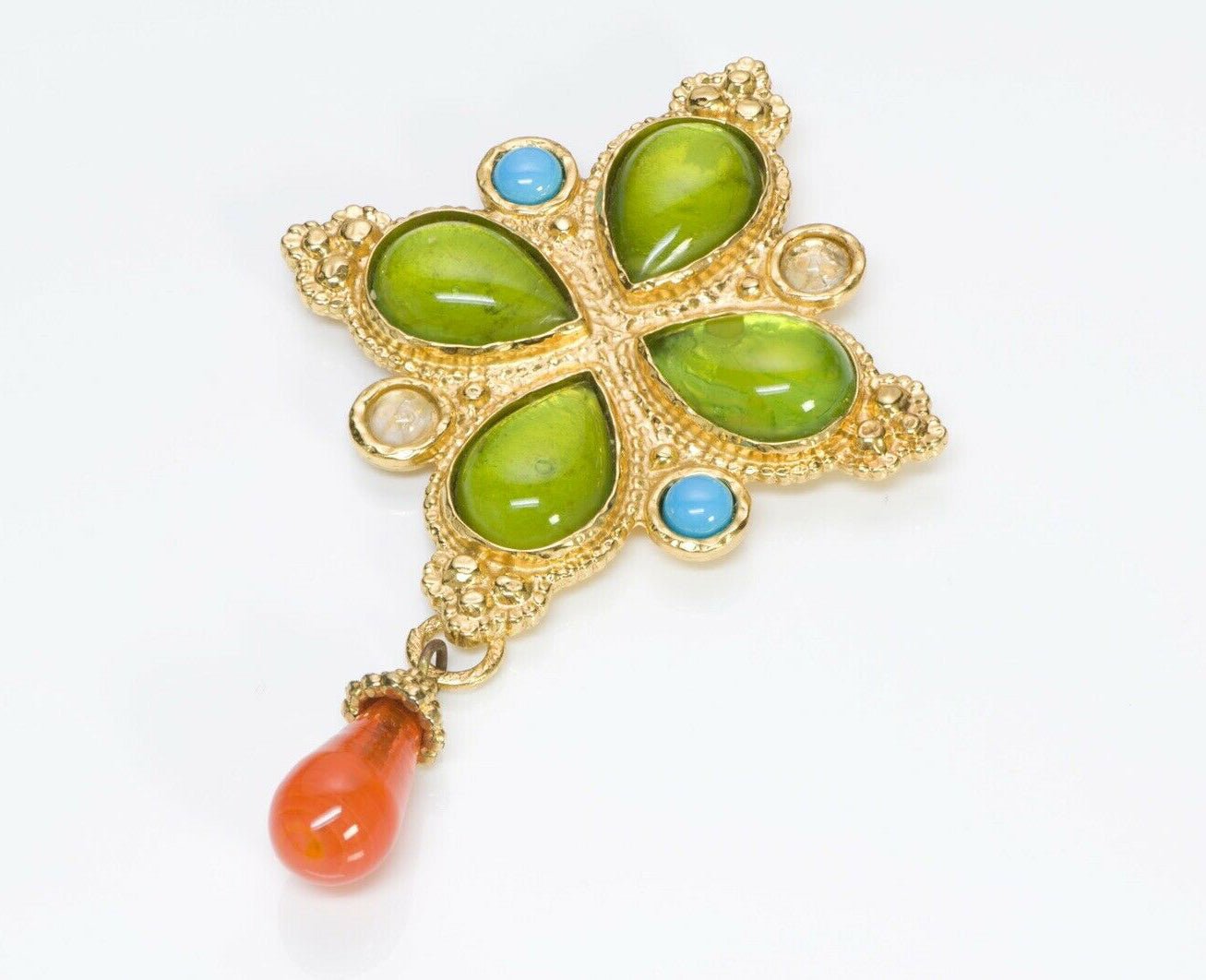 Edouard Rambaud Paris Green Orange Poured Glass Earrings Brooch Set - DSF Antique Jewelry