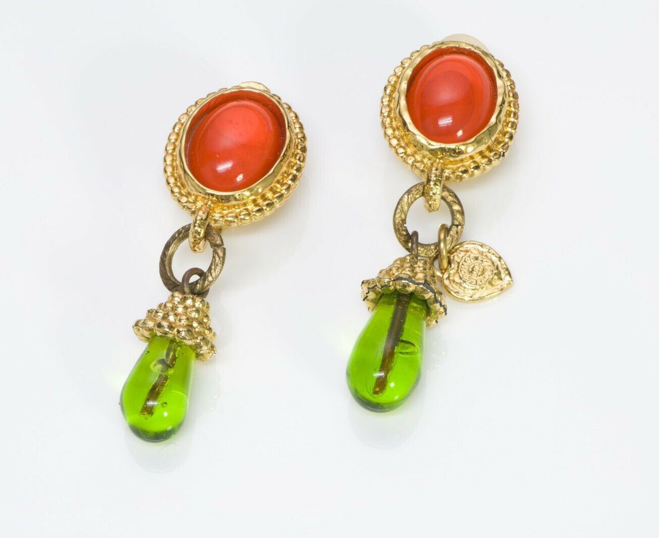 Edouard Rambaud Paris Green Orange Poured Glass Earrings Brooch Set