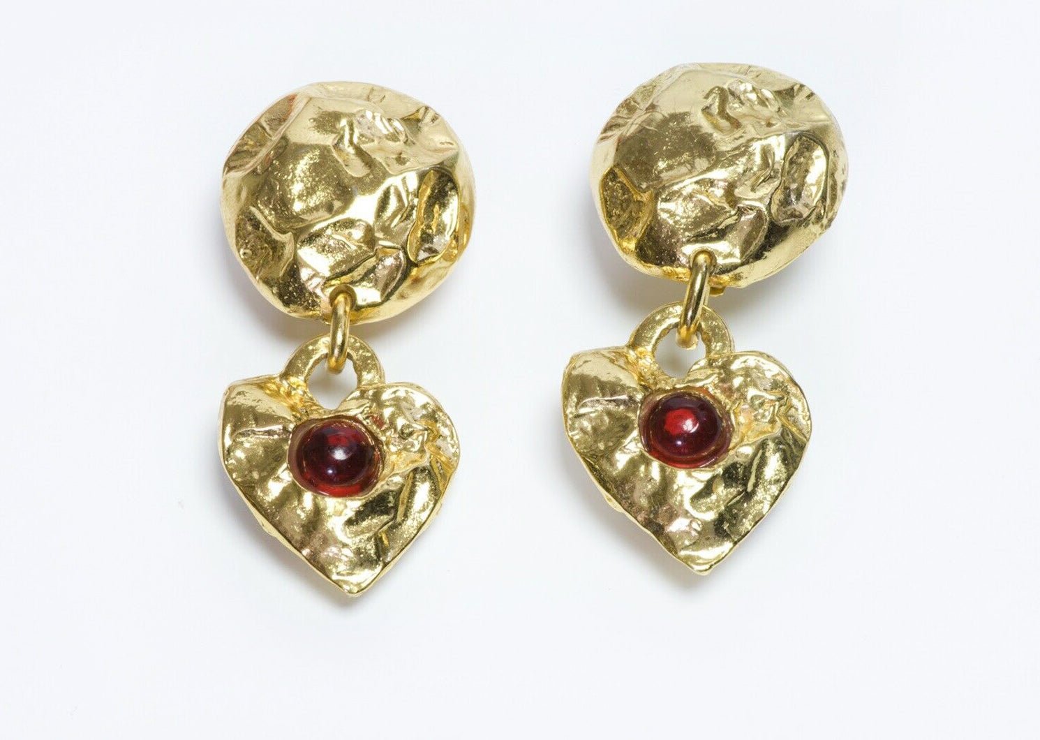 Edouard Rambaud Paris Hammered Red Cabochon Glass Heart Earrings