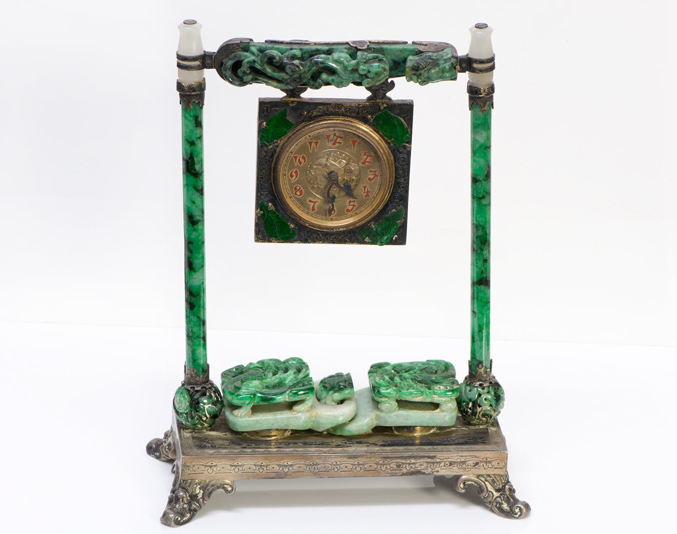 Edward Farmer Chinese Carved Jade Silver Clock