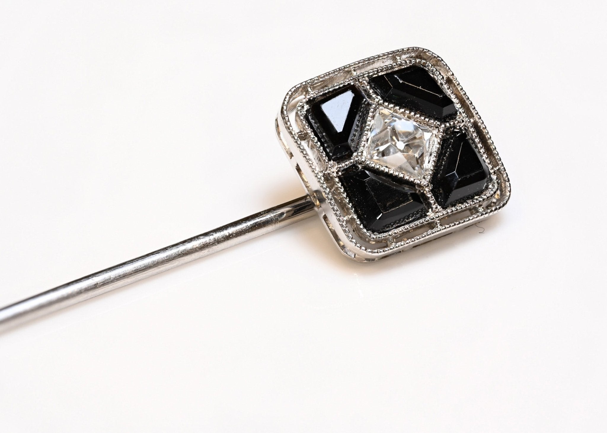 Edwardian French Cut Diamond Onyx Platinum Stick Pin - DSF Antique Jewelry