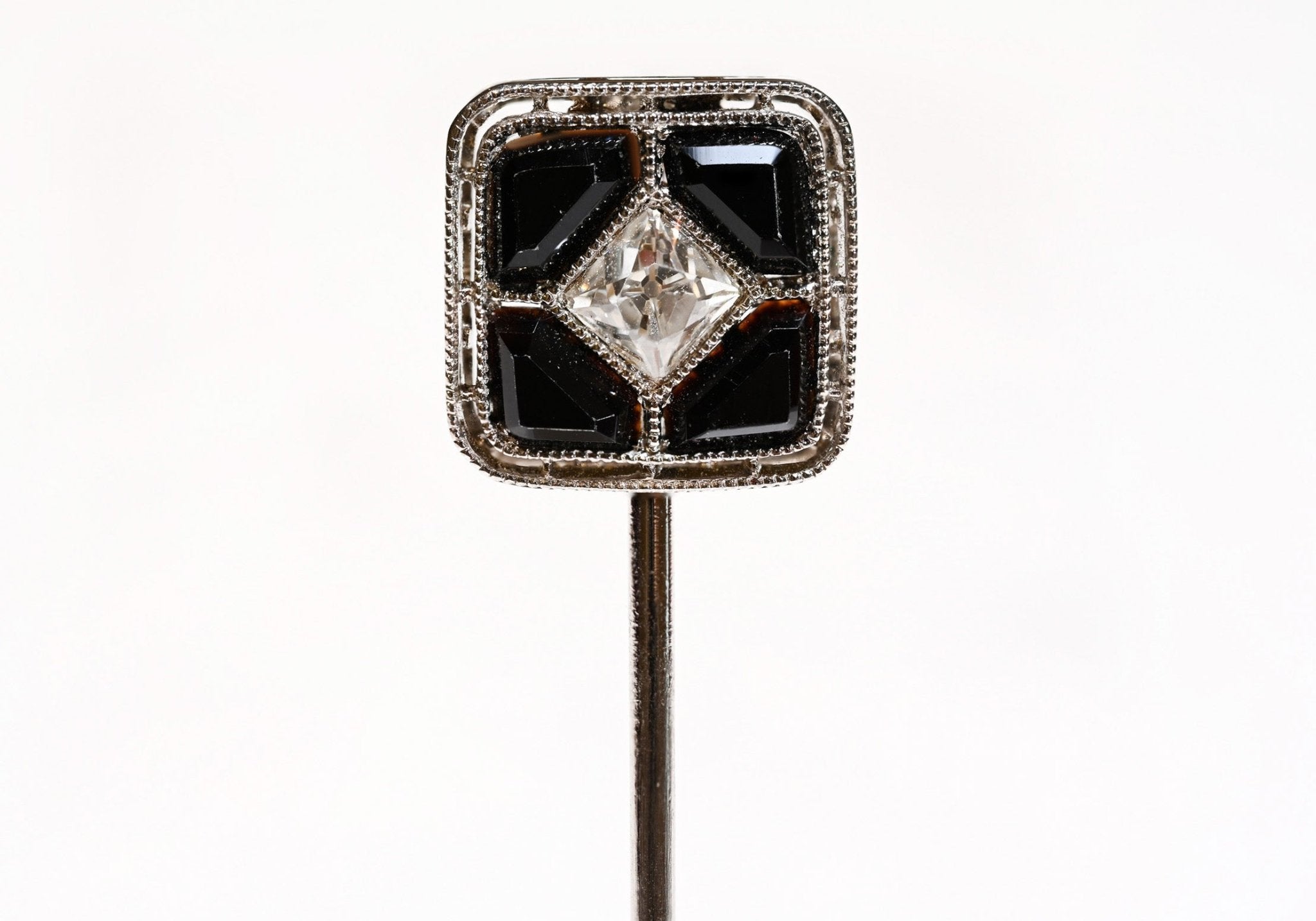 Edwardian French Cut Diamond Onyx Platinum Stick Pin - DSF Antique Jewelry
