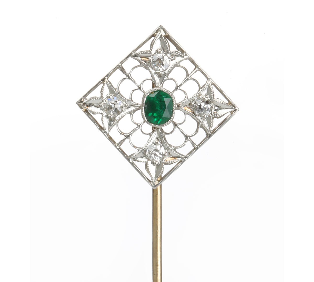 Edwardian Gold Emerald Diamond Stick Pin