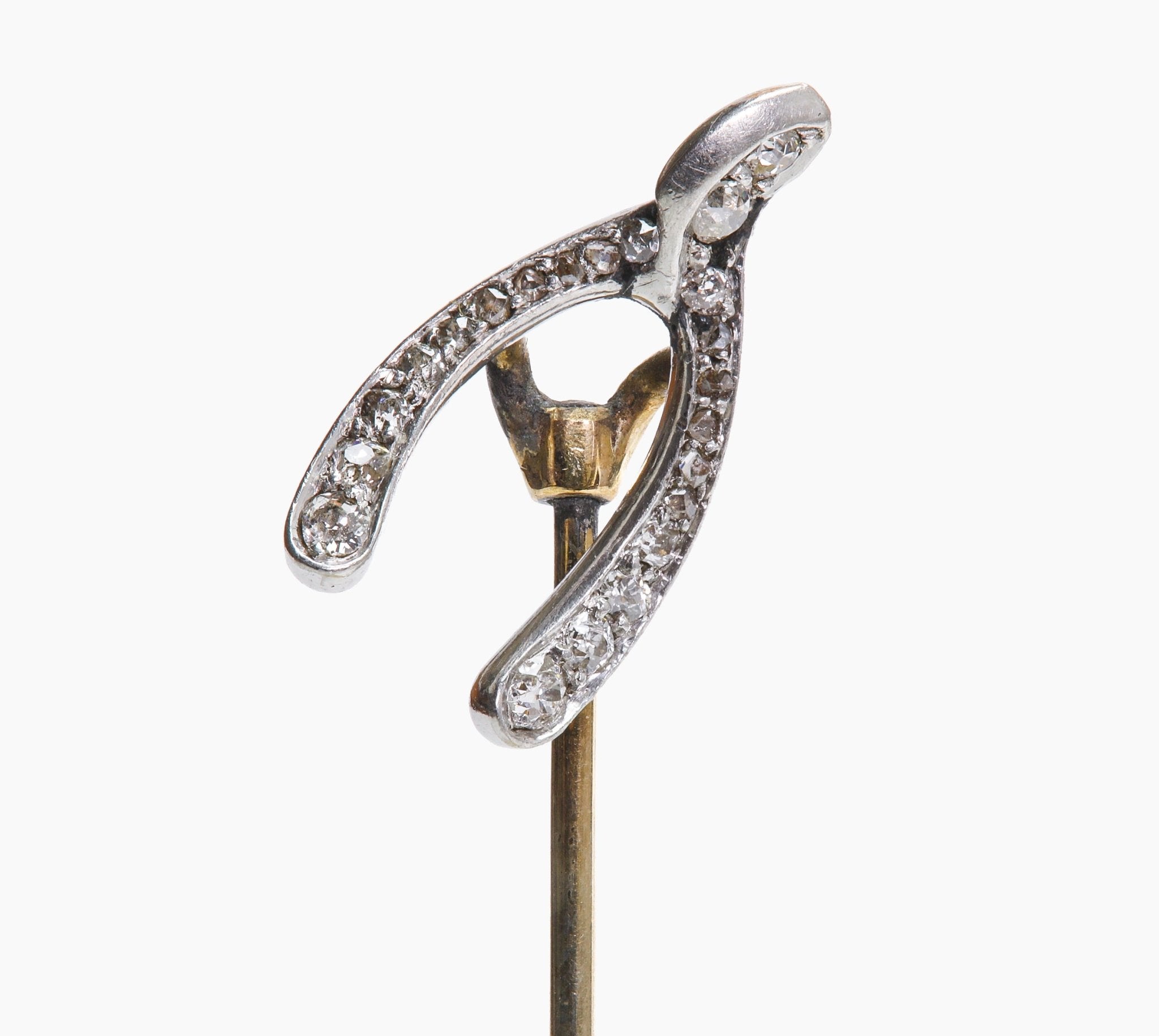 Edwardian Gold Platinum Diamond Wishbone Stick Pin