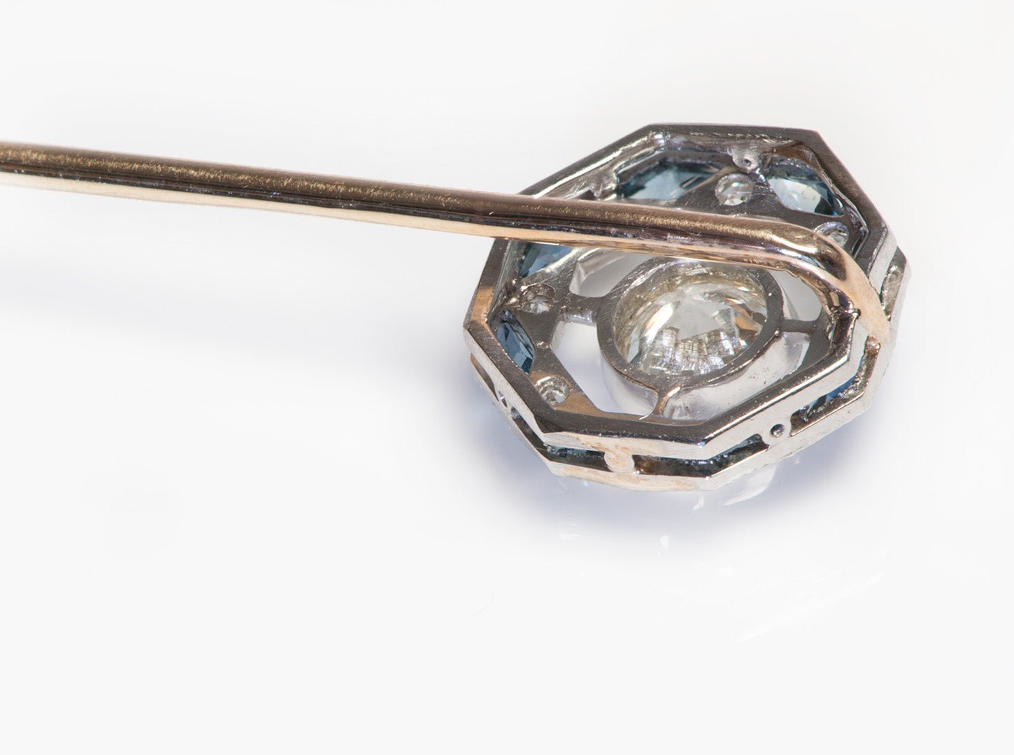 Edwardian Octagonal Gold Platinum Diamond Fancy Cut Sapphire Stick Pin