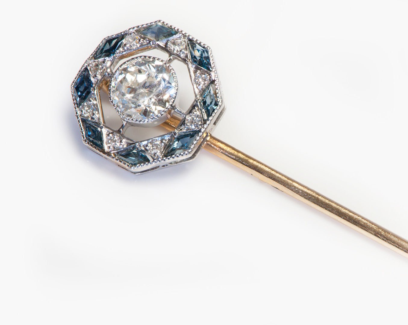 Edwardian Octagonal Gold Platinum Diamond Fancy Cut Sapphire Stick Pin