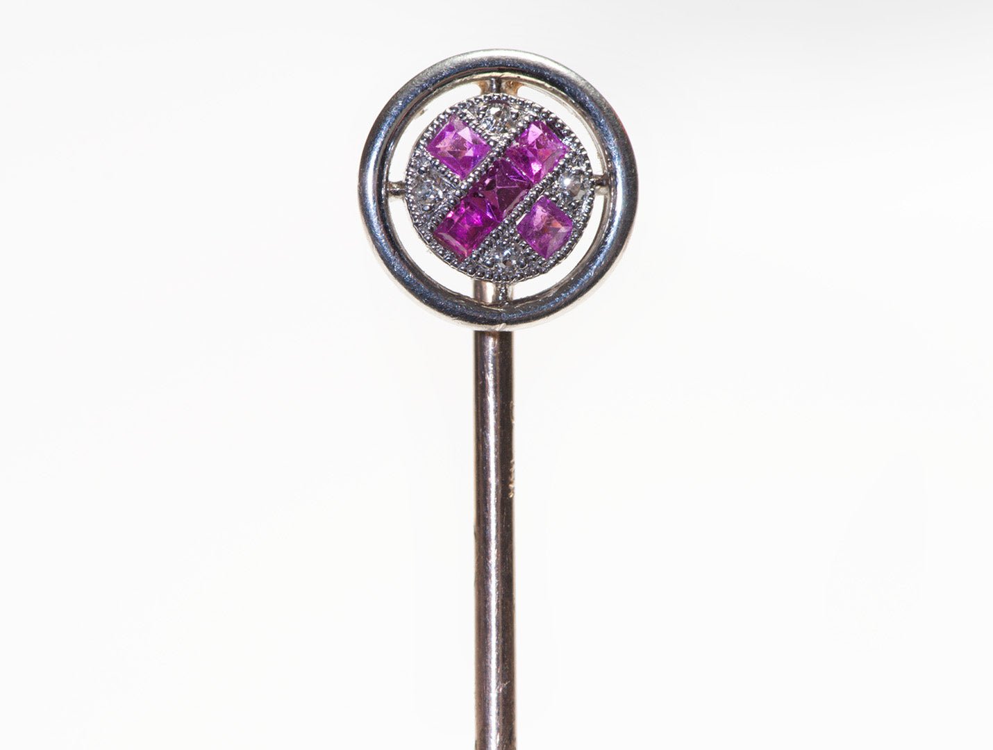 Edwardian Platinum 18K Gold Ruby Diamond Stick Pin