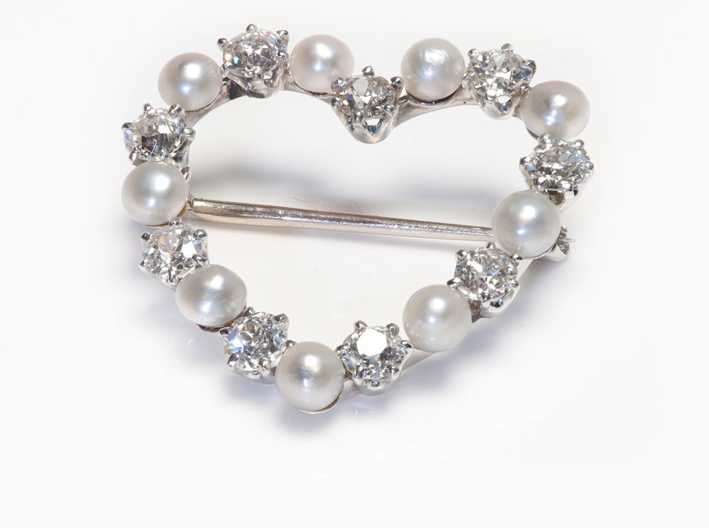 Edwardian Platinum Diamond Pearl Heart Brooch - DSF Antique Jewelry