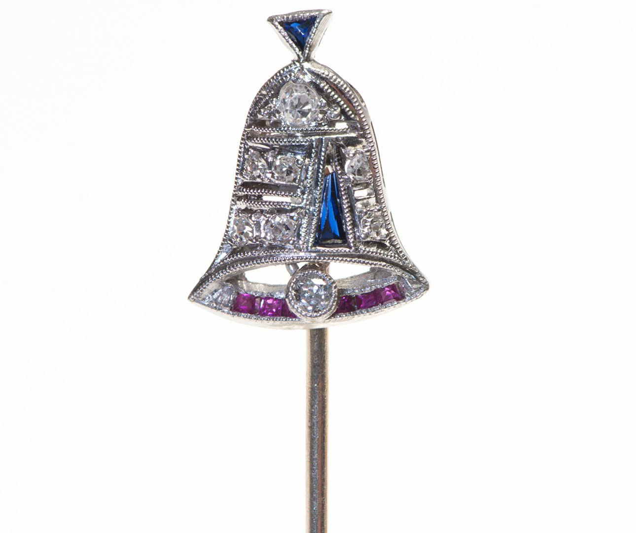 Edwardian Platinum Diamond Ruby Sapphire Bell Stick Pin