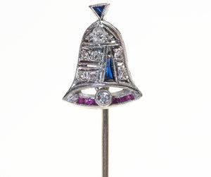 Edwardian Platinum Diamond Ruby Sapphire Bell Stick Pin
