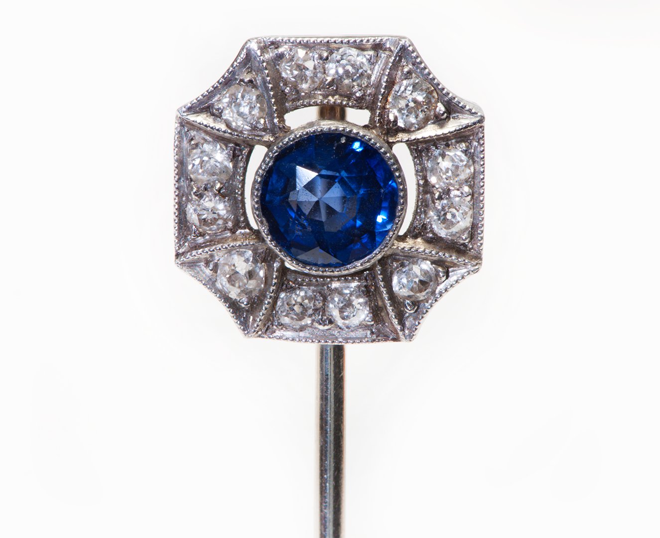 Edwardian Platinum Sapphire Diamond Stick Pin - DSF Antique Jewelry