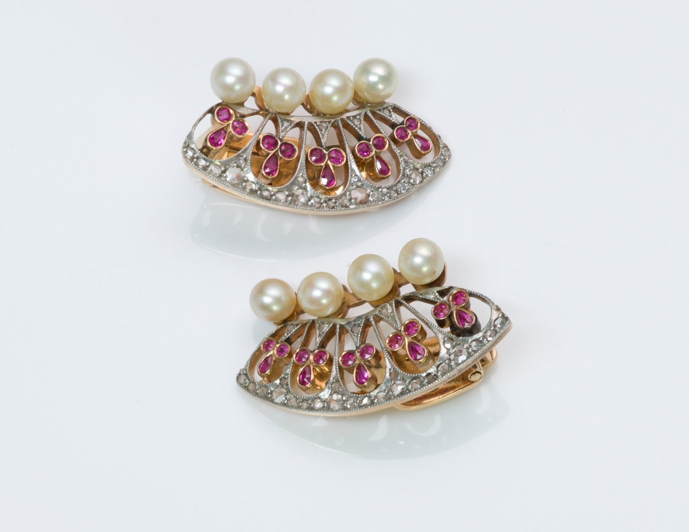 Edwardian Ruby Diamond Pearl Gold Earrings - DSF Antique Jewelry