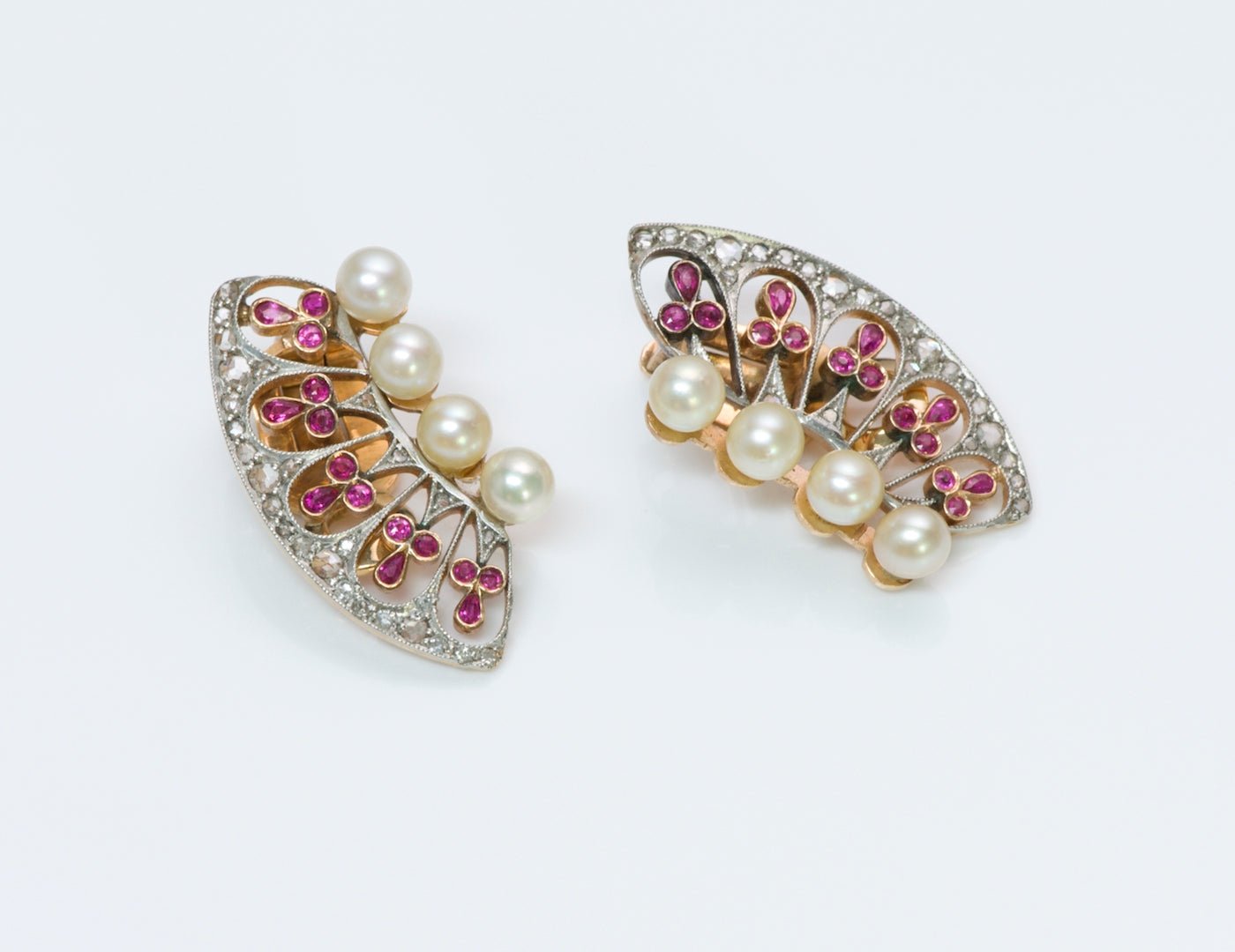 Edwardian Ruby Diamond Pearl Gold Earrings