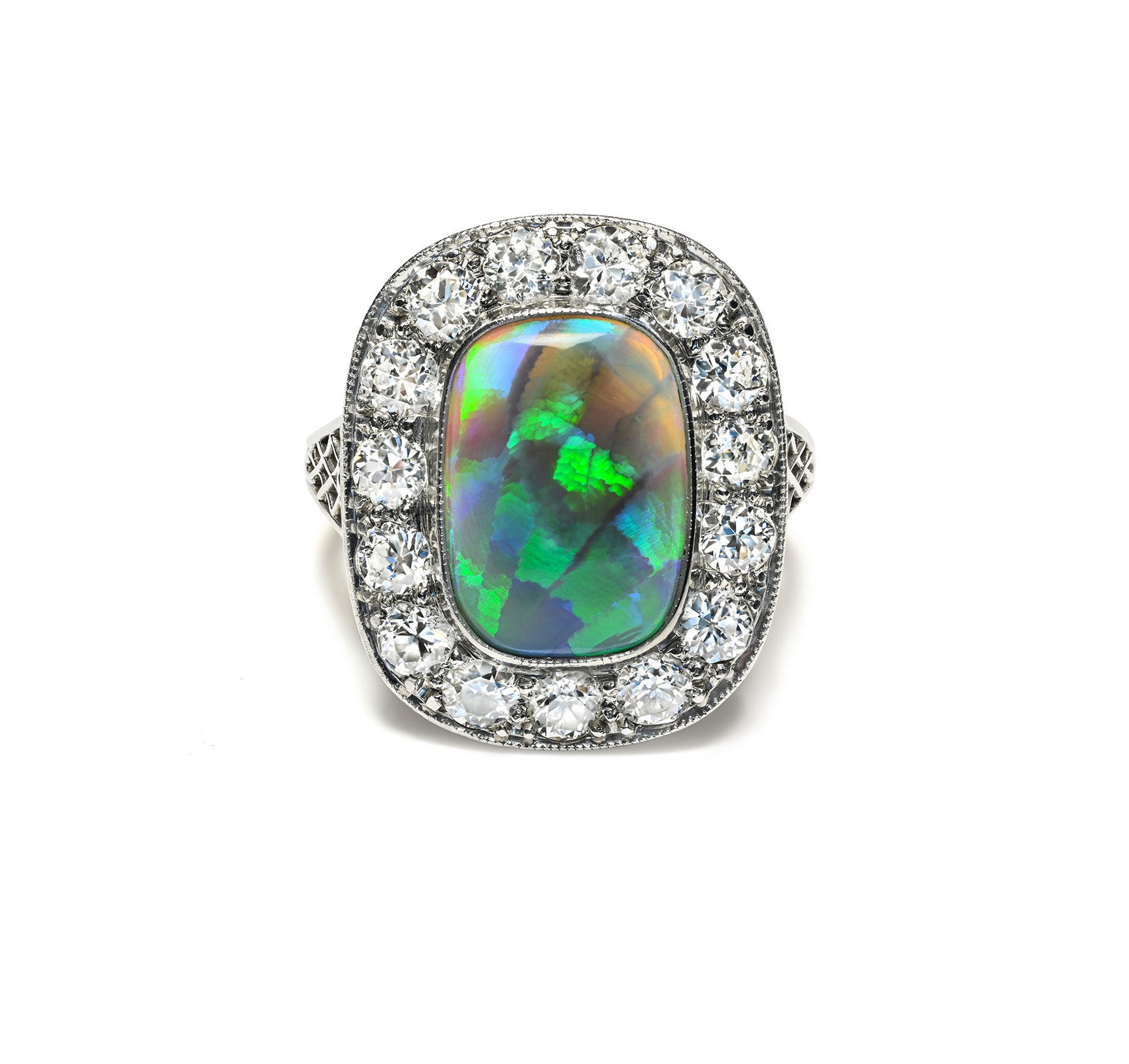 Edwardian Black Opal Diamond Platinum Ring