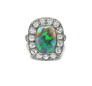 Edwardian Black Opal and Old Mine Cut Diamond Platinum Ring