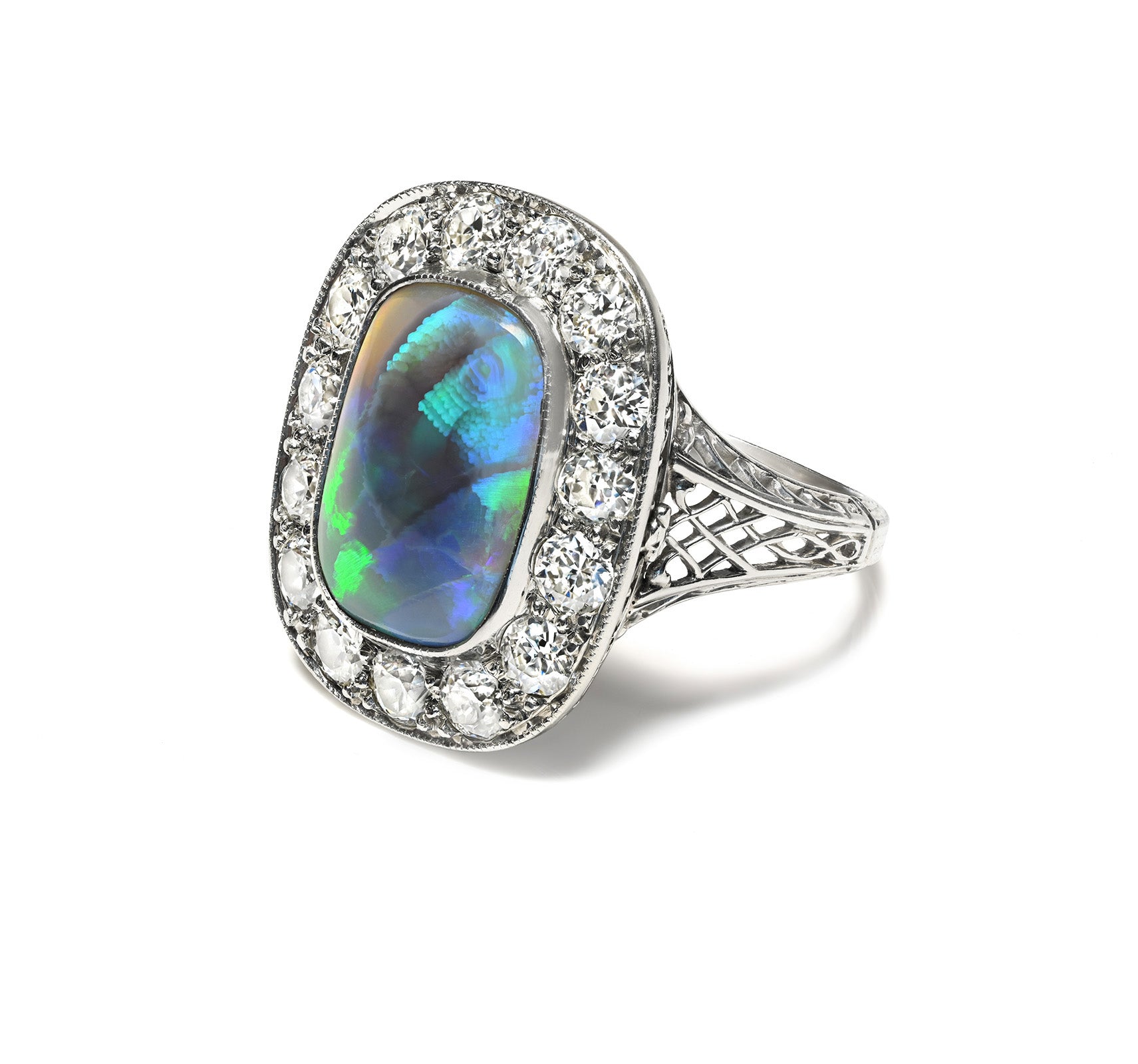 Antique Black Opal Old Mine Cut Diamond Platinum Ring
