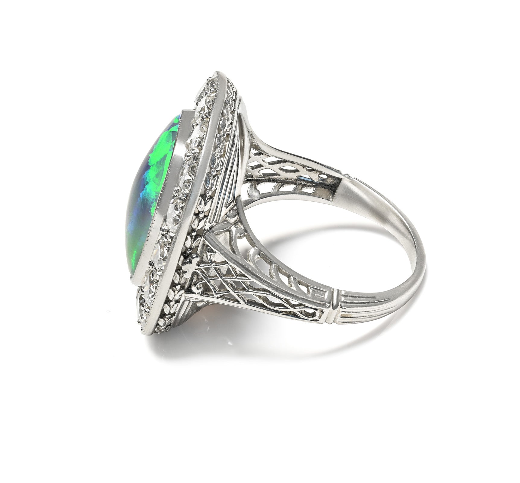 Victorian Black Opal and Old Mine Cut Diamond Platinum Ring