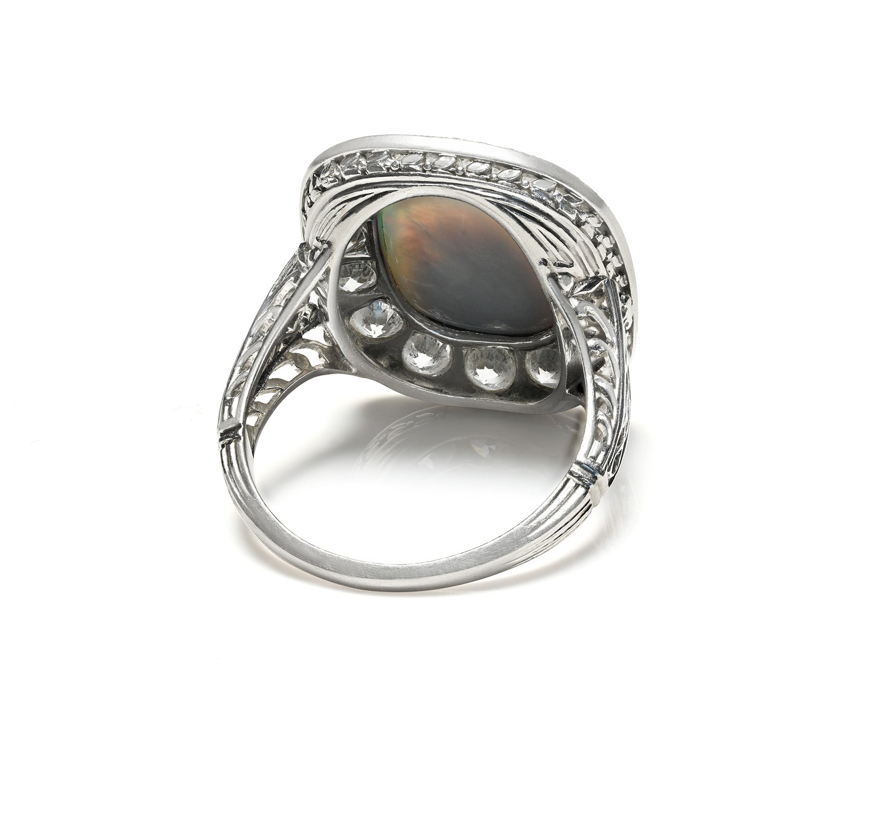 Filigree Ring Antique Edwardian Black Opal and Old Mine Cut Diamond Platinum 
