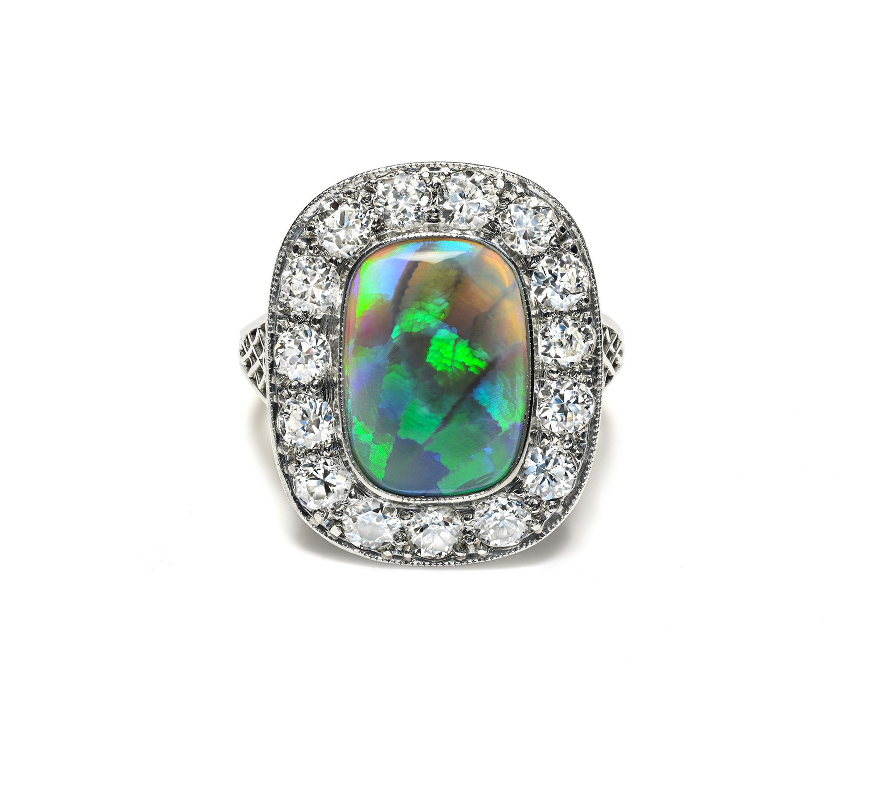 Edwardian Black Opal and Old Mine Cut Diamond Platinum Ring