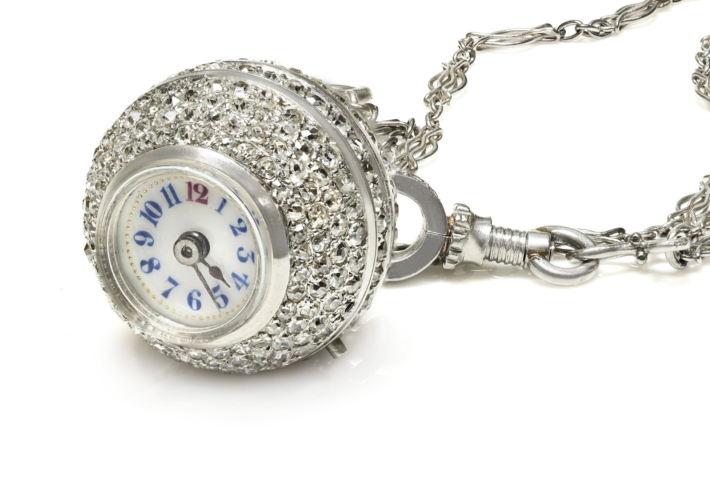 Antique Edwardian Platinum Diamond Ball Pendant Watch Chain
