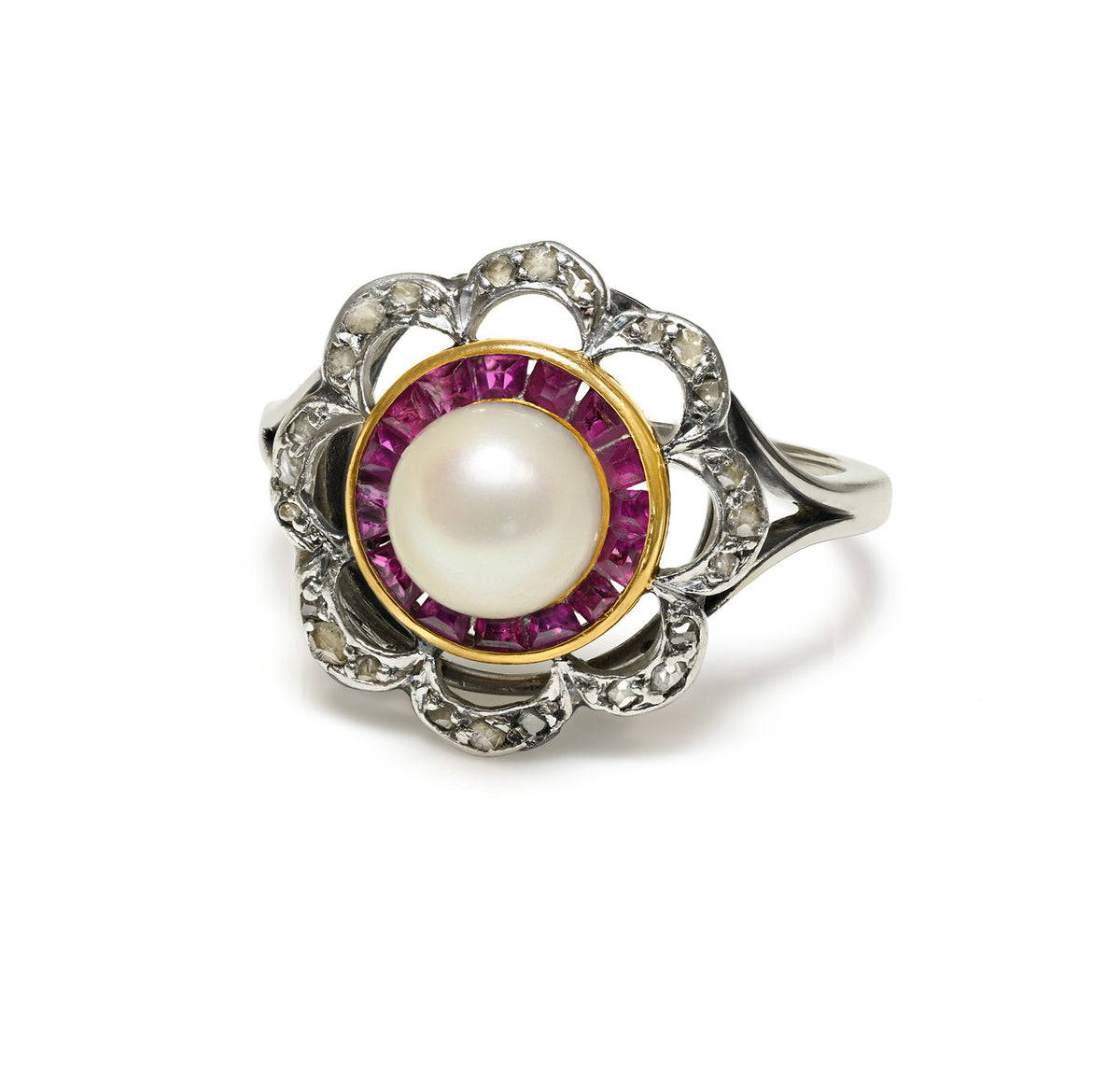 Antique Edwardian Natural Pearl, Ruby and Diamond 18K Gold and Platinum Ring