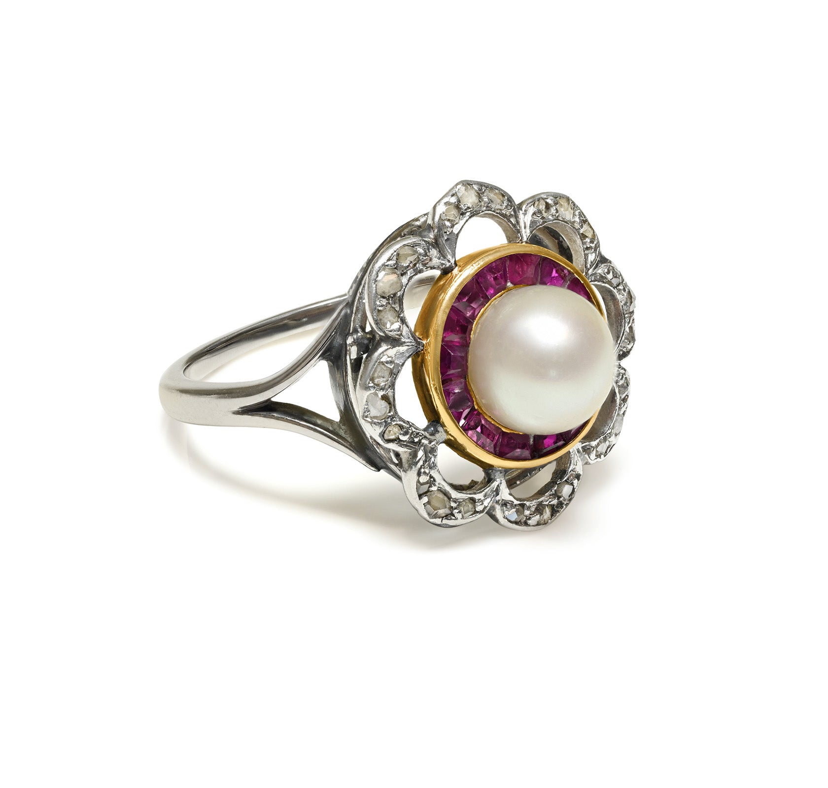 Antique Edwardian Natural Pearl, Ruby and Diamond 18K Gold and Platinum Ring