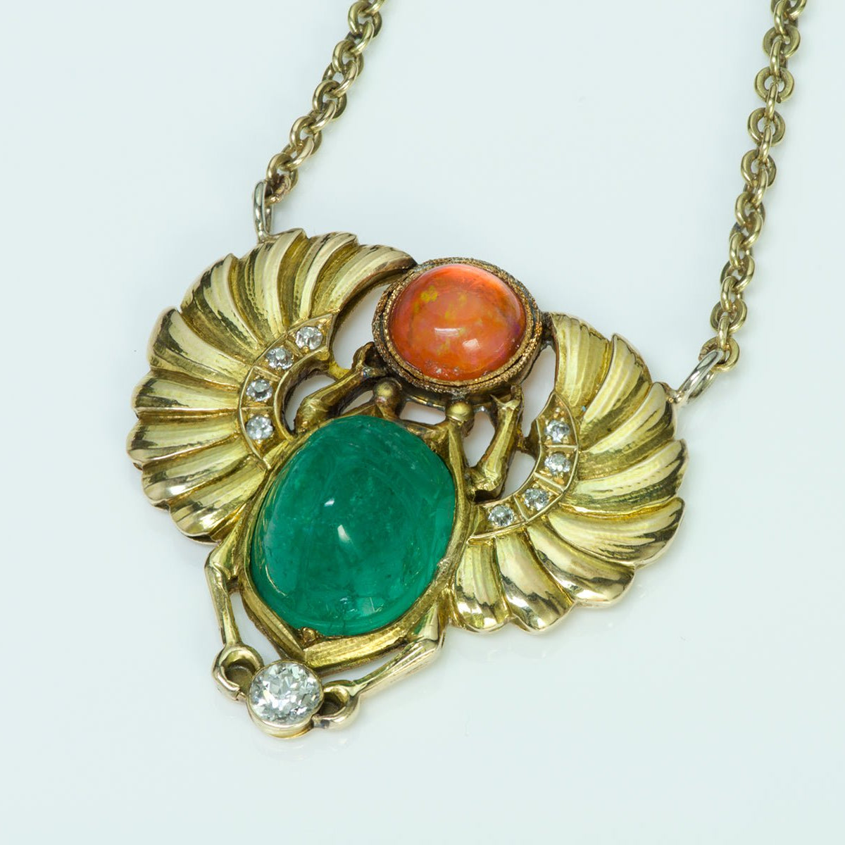 Egyptian Revival Carved Emerald Scarab Fire Opal Diamond Gold Necklace
