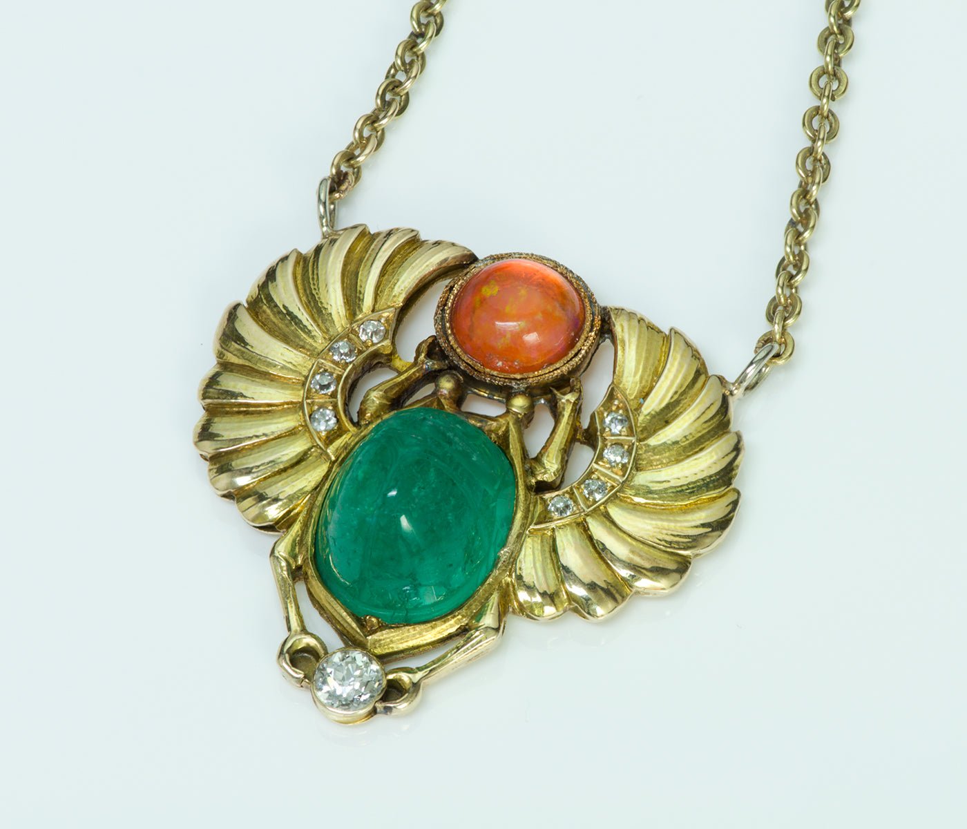 Egyptian Revival Carved Emerald Scarab Fire Opal Diamond Gold Necklace