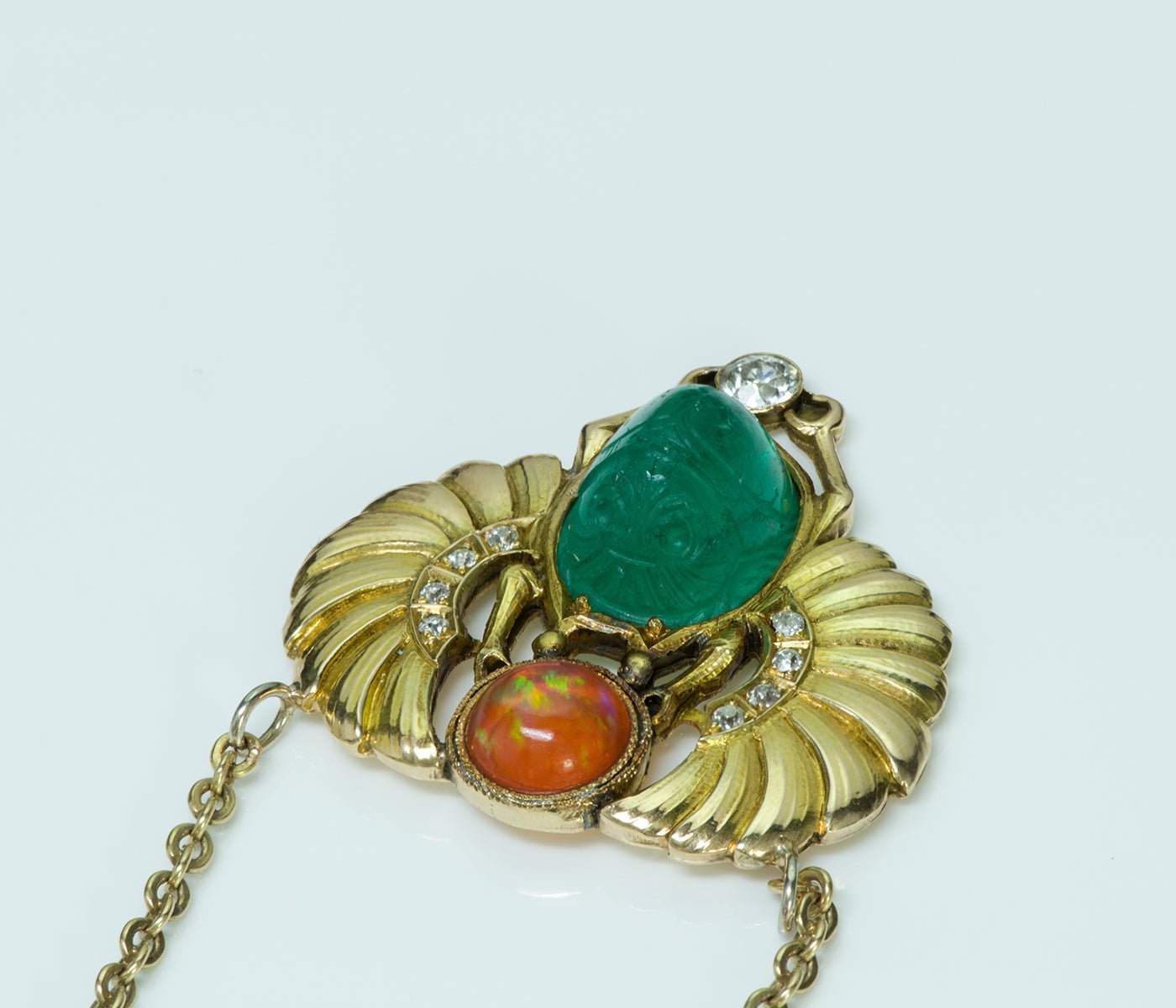 Egyptian Revival Carved Emerald Scarab Fire Opal Diamond Gold Necklace