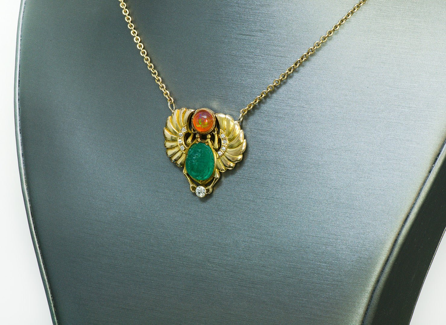 Egyptian Revival Carved Emerald Scarab Fire Opal Diamond Gold Necklace - DSF Antique Jewelry
