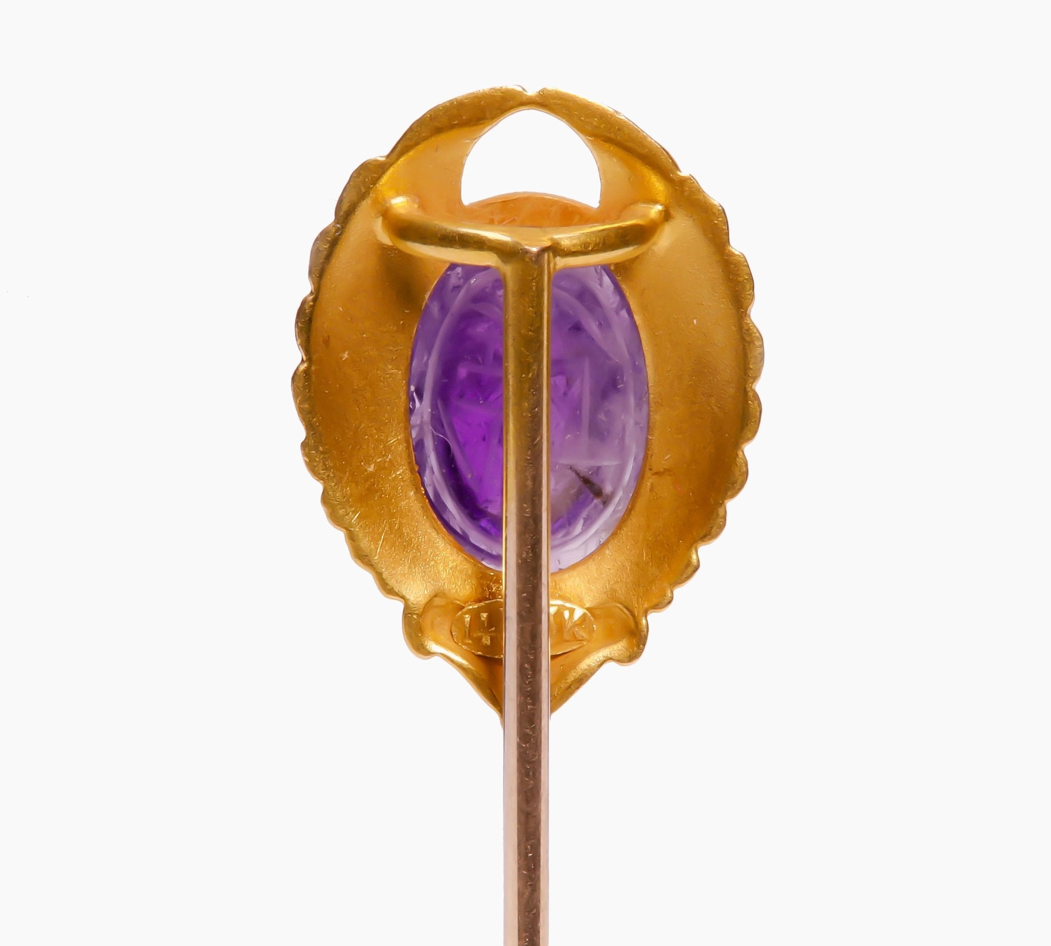 Egyptian Revival Gold Carved Amethyst Scarab Stick Pin