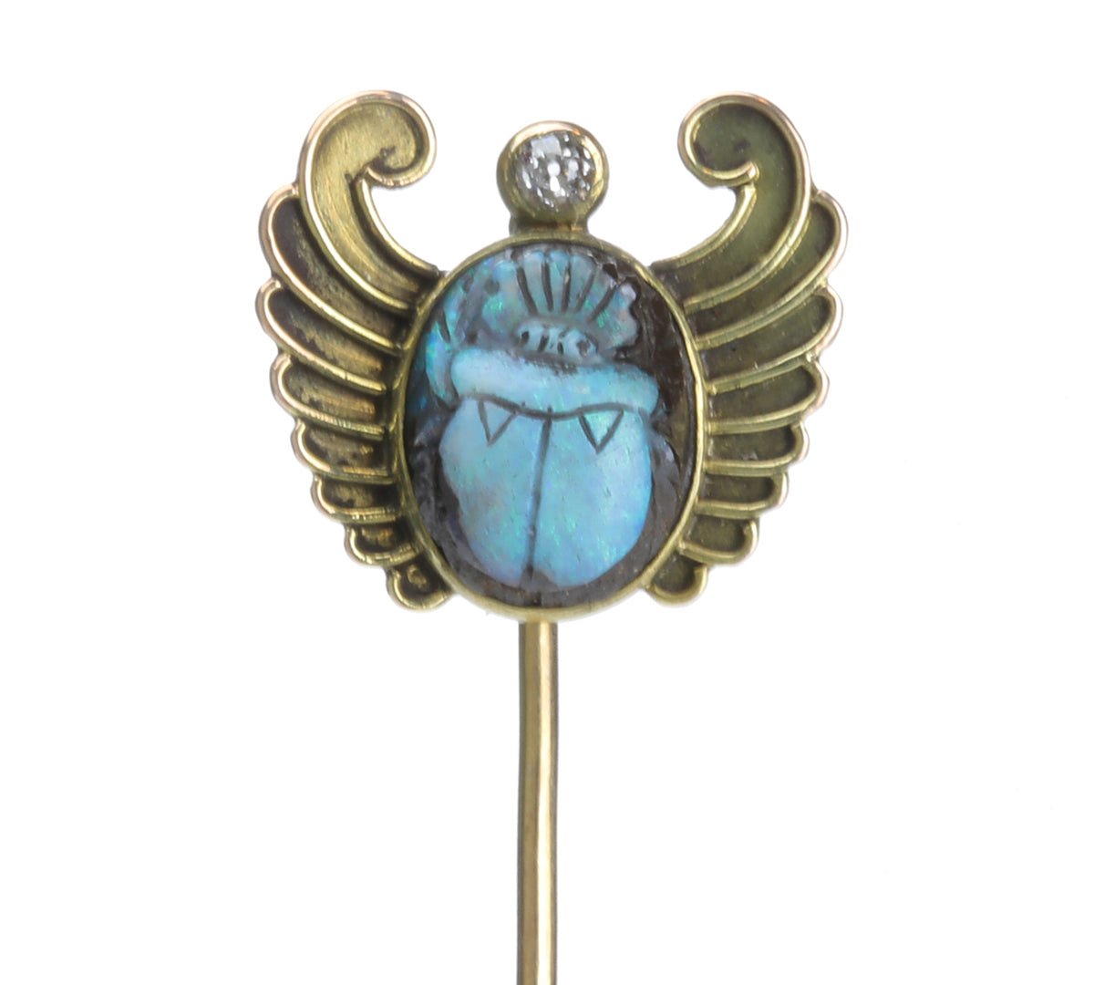 Egyptian Revival Gold Carved Bolder Opal Scarab Diamond Stick Pin - DSF Antique Jewelry
