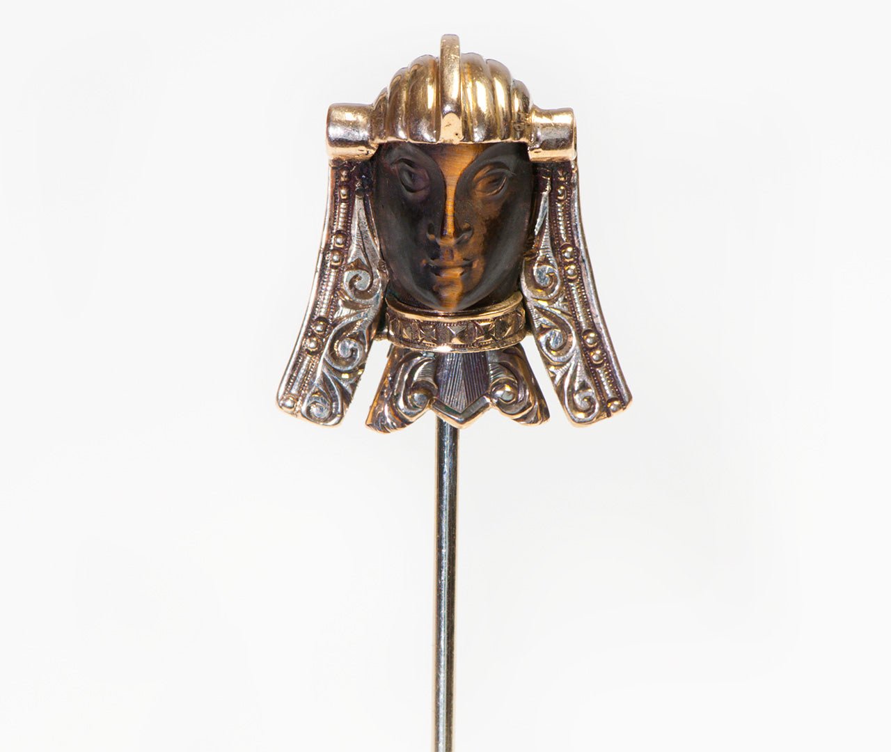 Egyptian Revival Gold Carved Tiger Eye Stick Pin