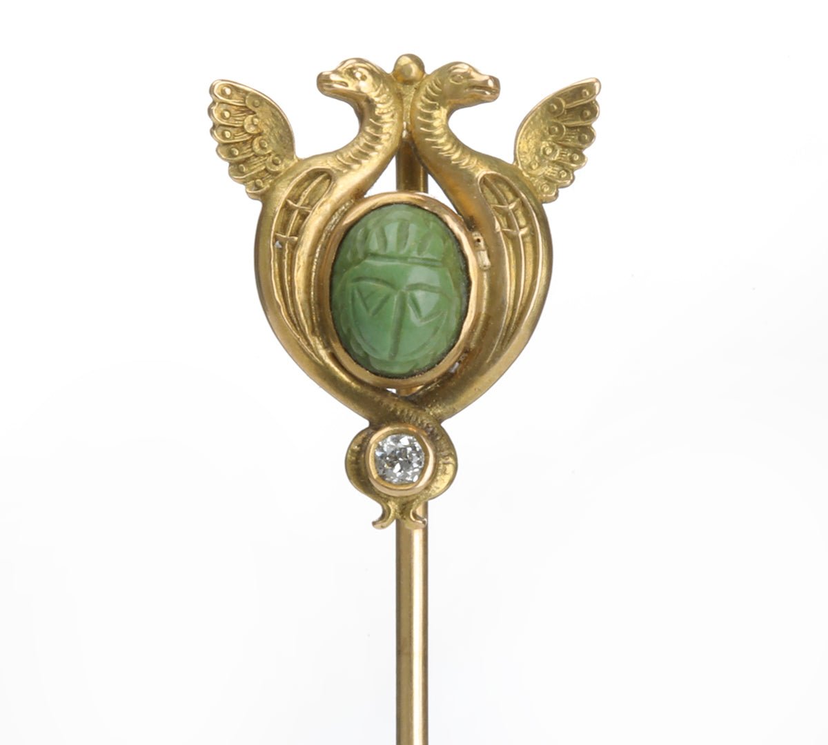 Egyptian Revival Gold Carved Turquoise Scarab Diamond Stick Pin
