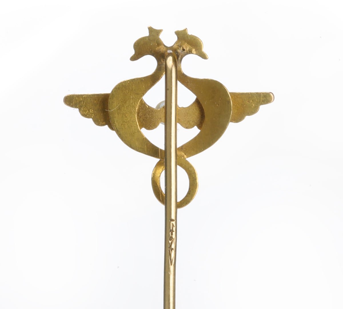 Egyptian Revival Gold Enamel Pearl Peacock Stick Pin